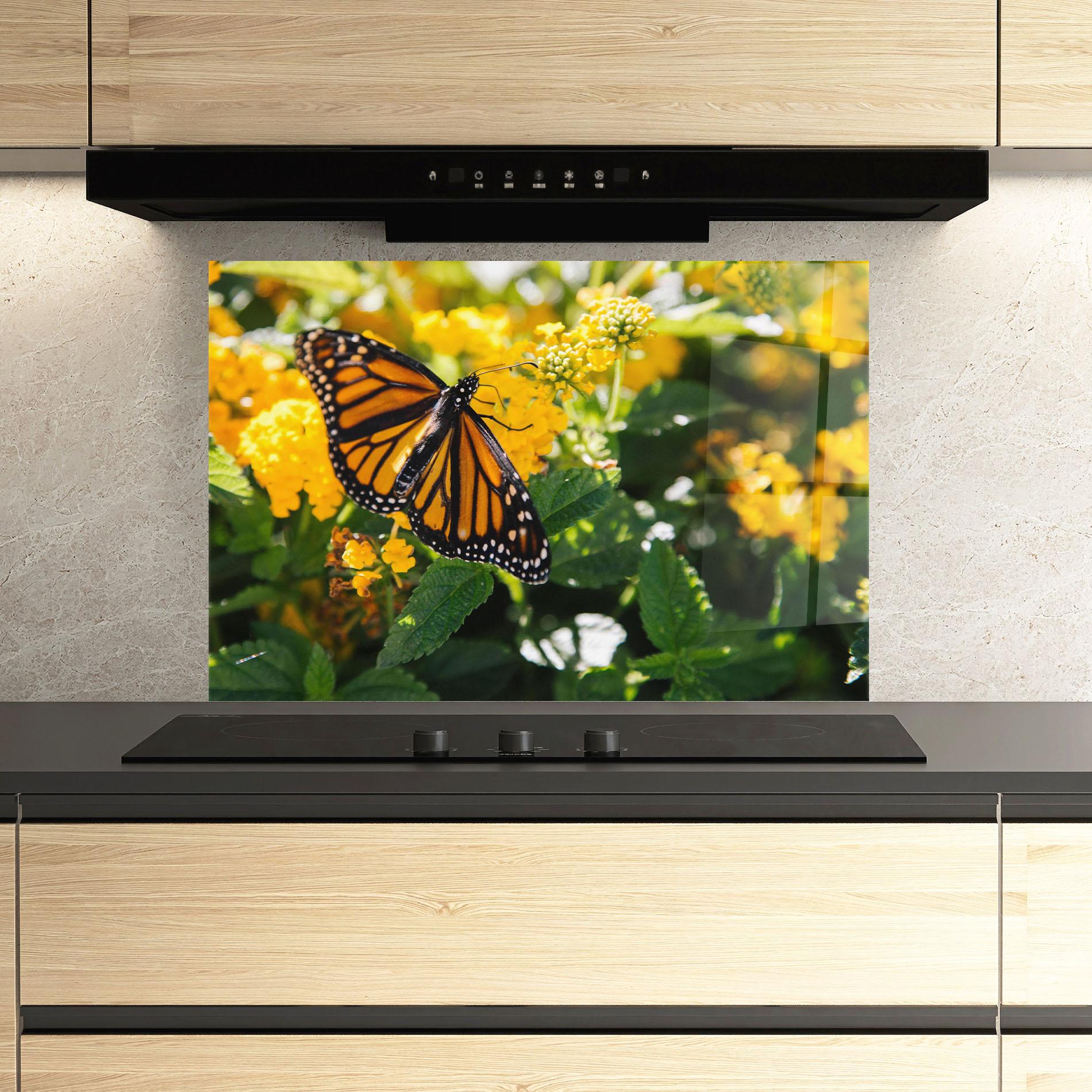 Küchenrückwand Glas Orange Spring Butterfly mockup 3