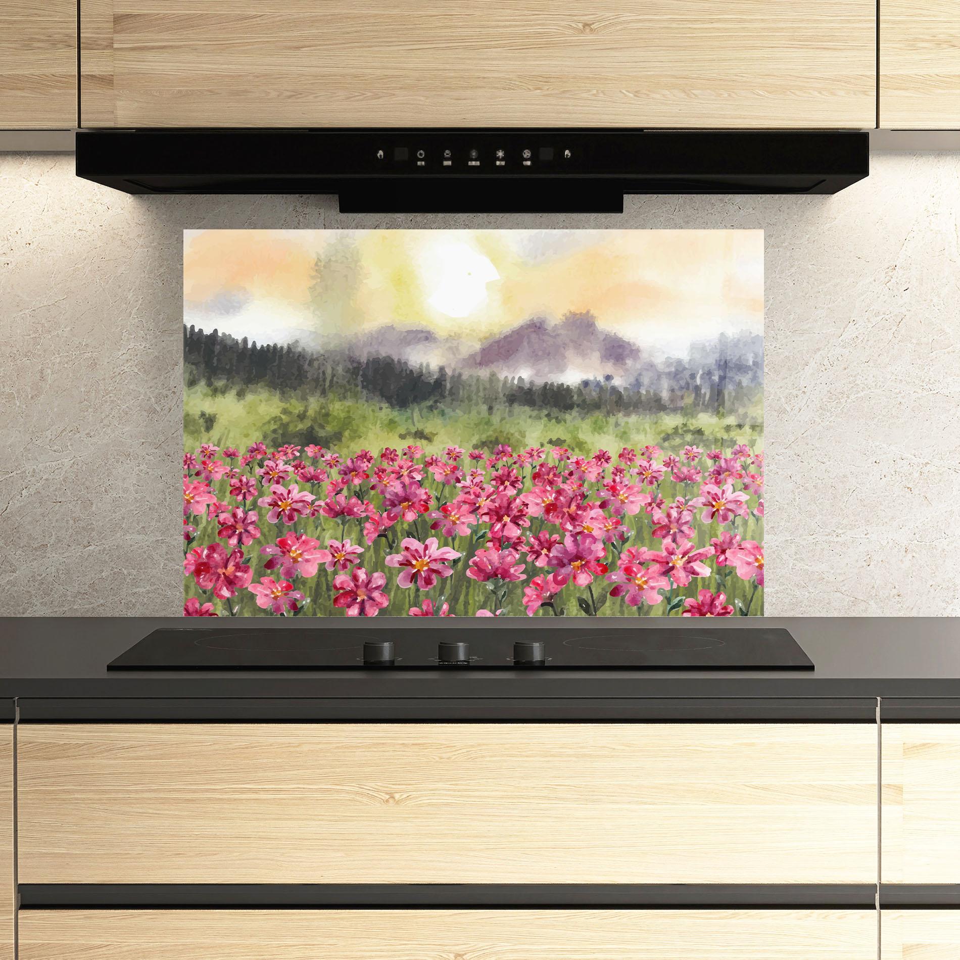 Küchenrückwand Glas Pink Flower Spring mockup 3