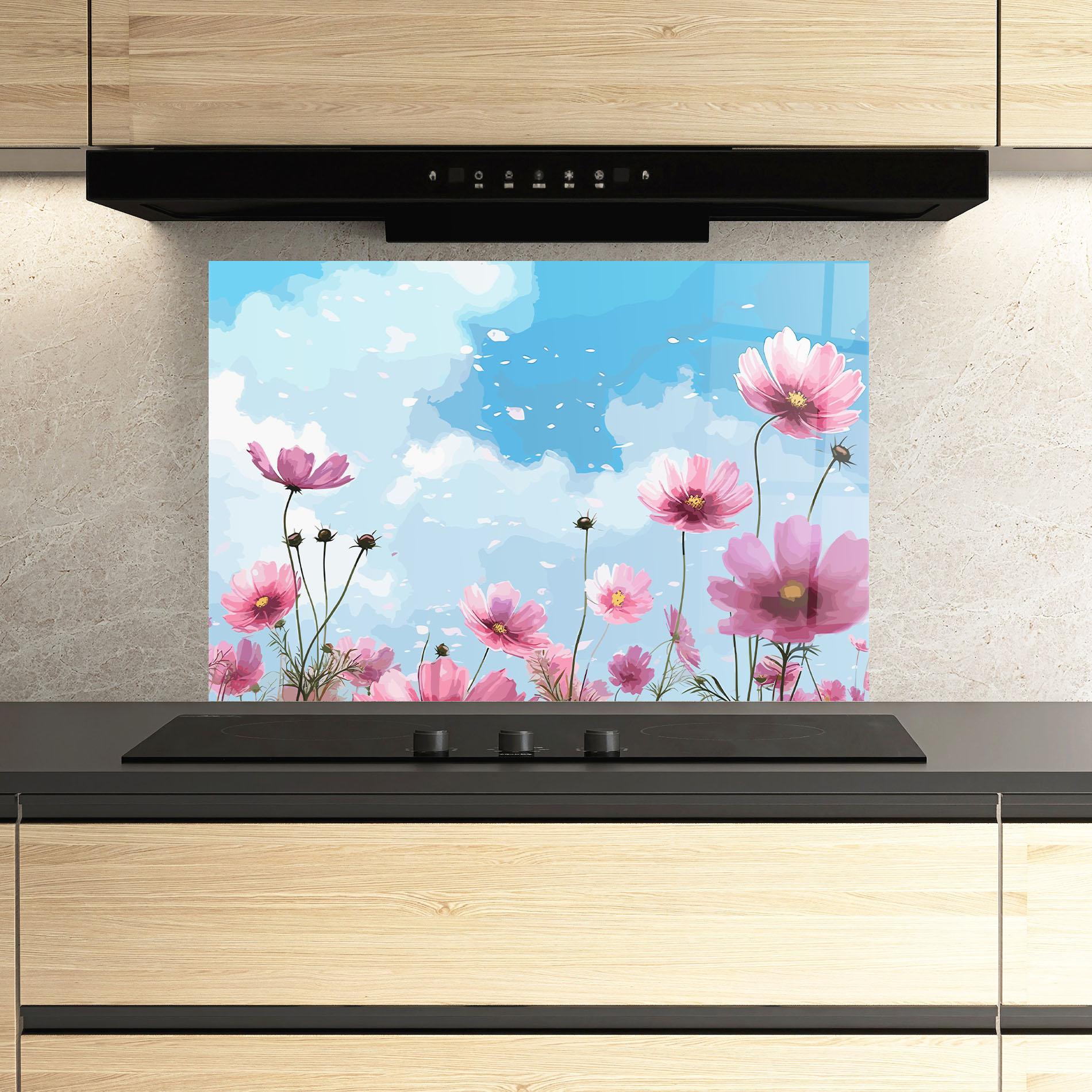 Küchenrückwand Glas Pink Flowers Spring mockup 3