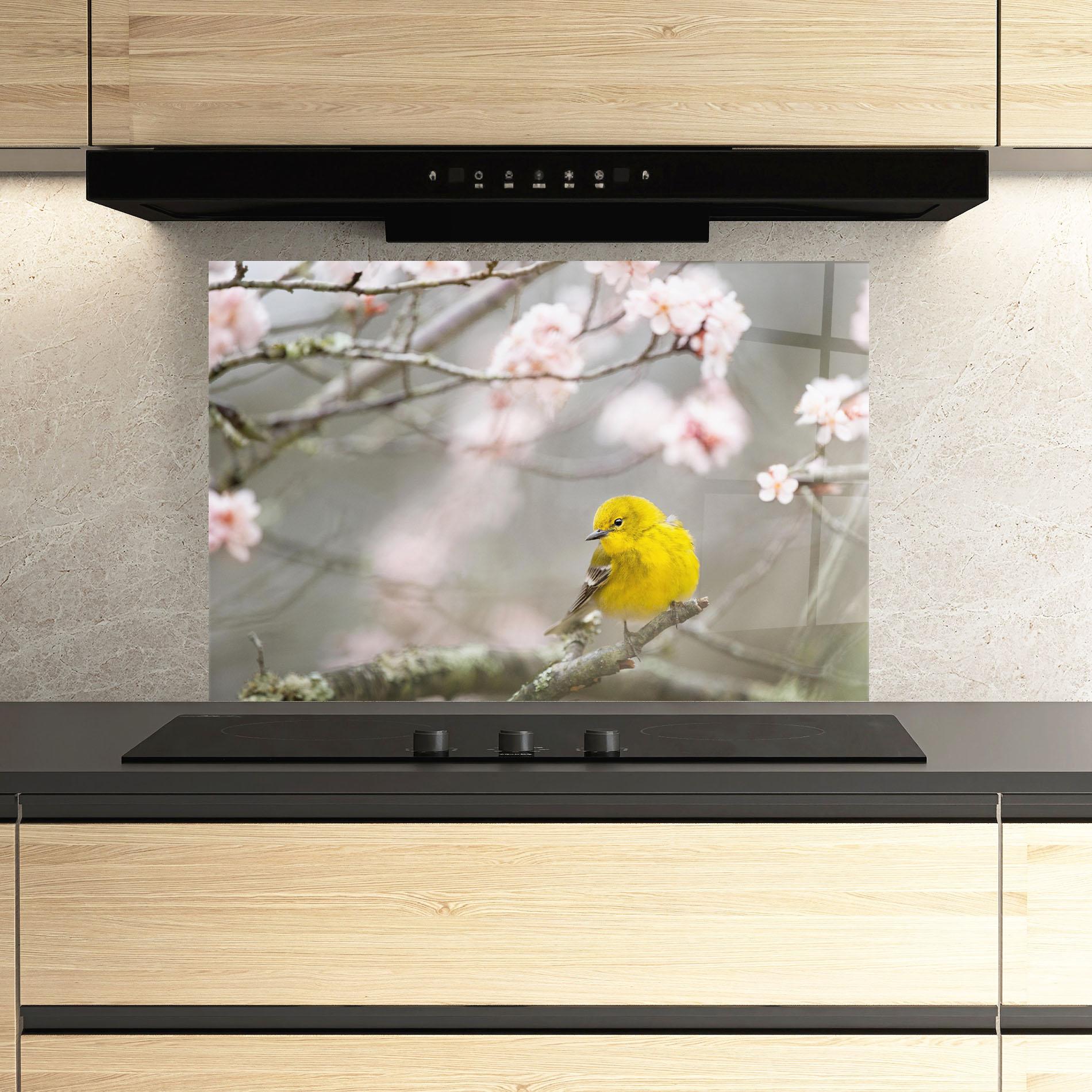 Küchenrückwand Glas Pretty Spring Yellow Bird mockup 3