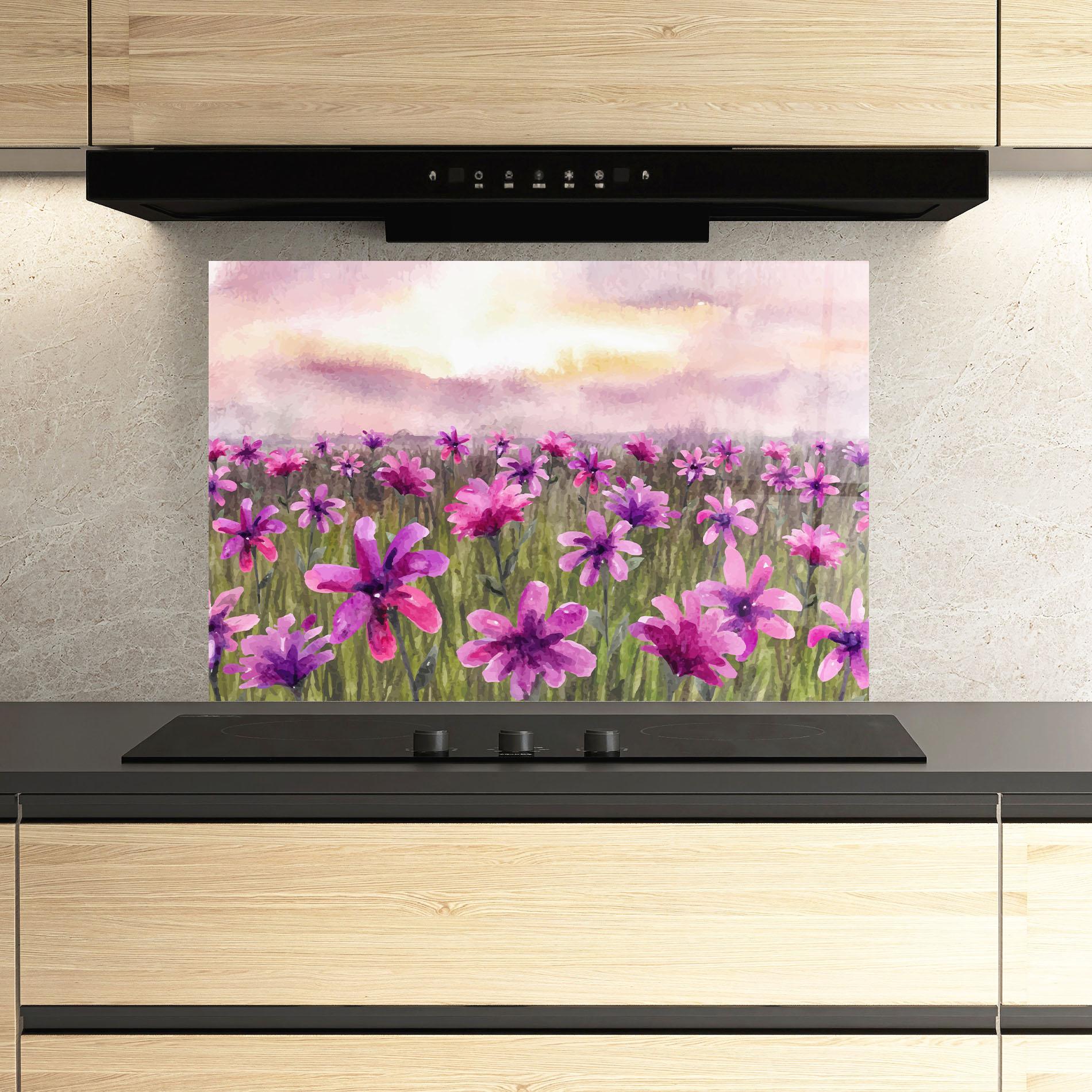 Küchenrückwand Glas Purple Flower Spring mockup 3