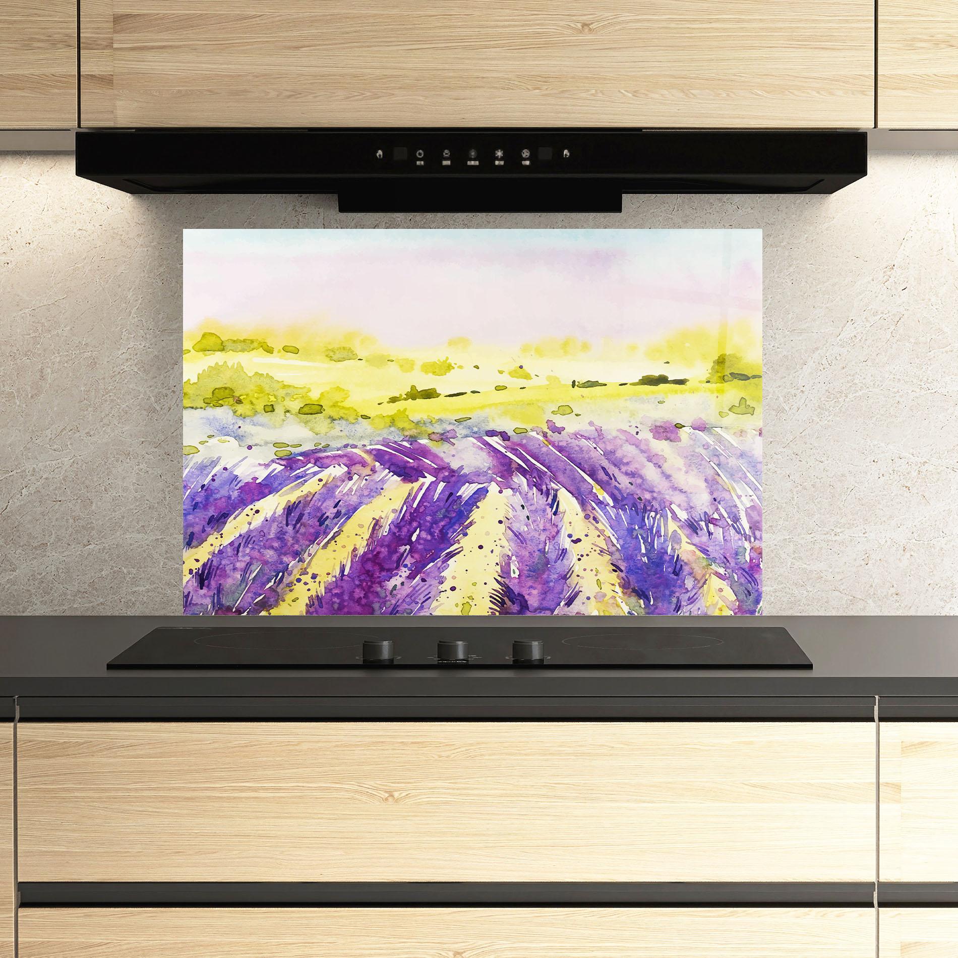 Küchenrückwand Glas Purple Spring Field mockup 3