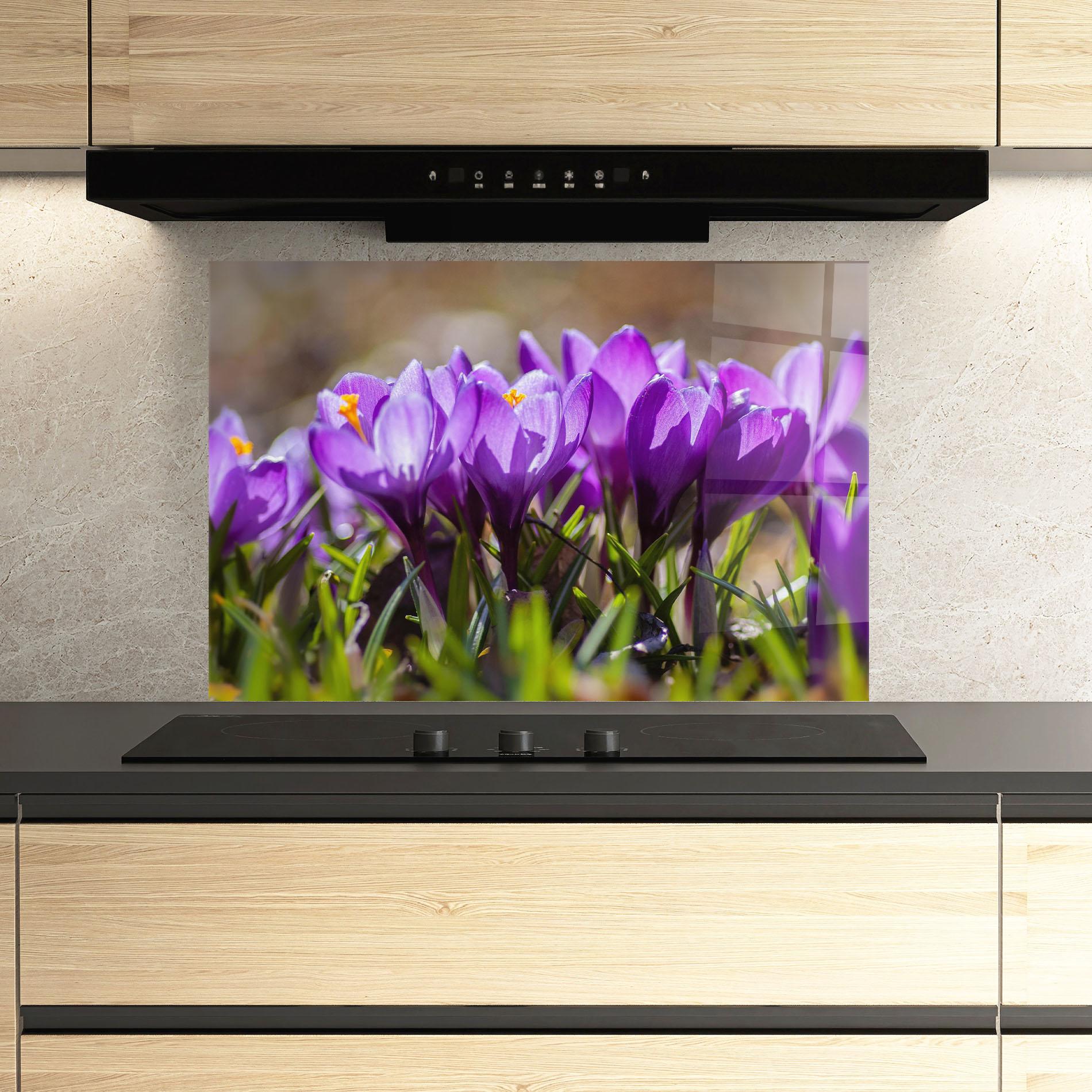 Küchenrückwand Glas Purple Spring Flower mockup 3