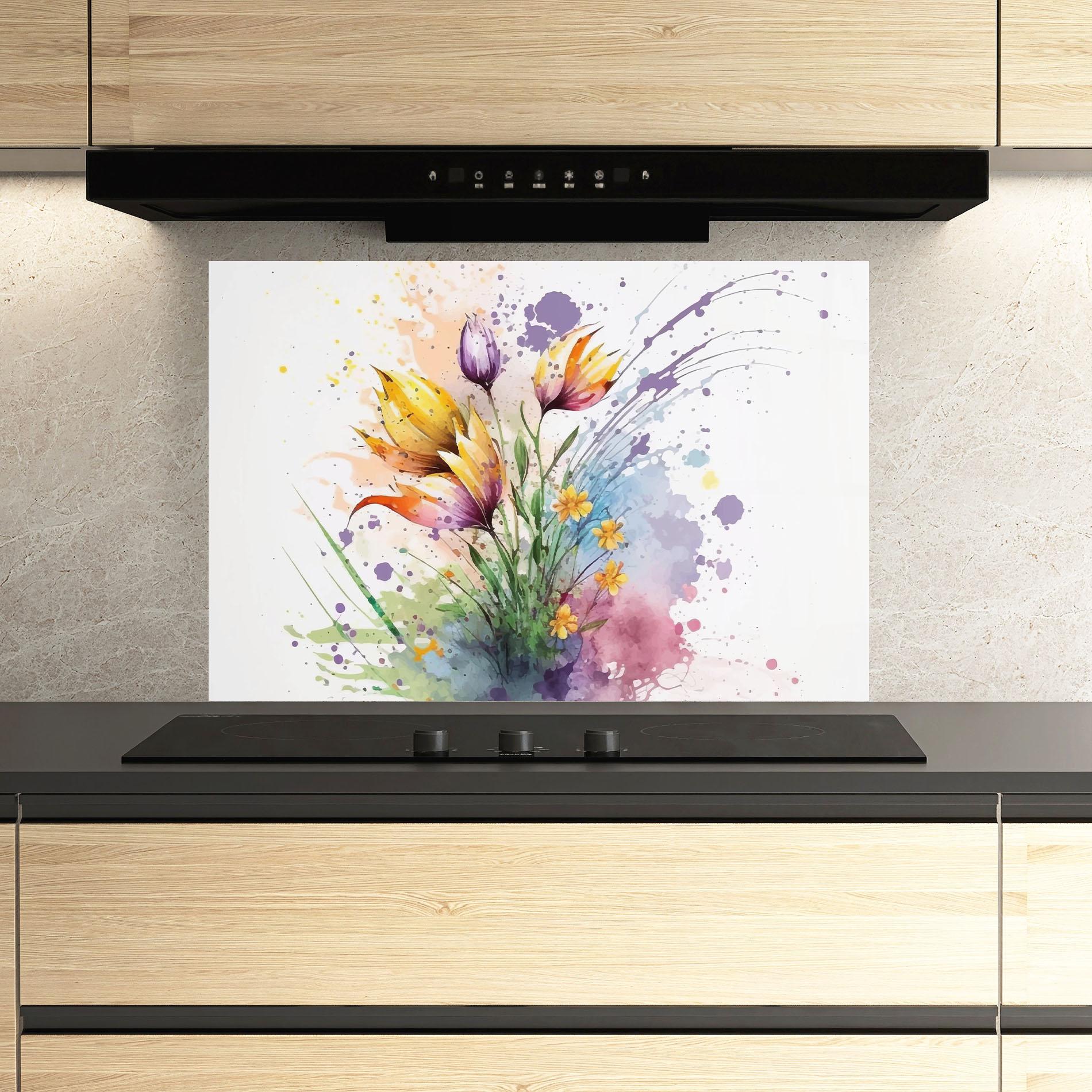 Küchenrückwand Glas Purple Yellow Spring mockup 3