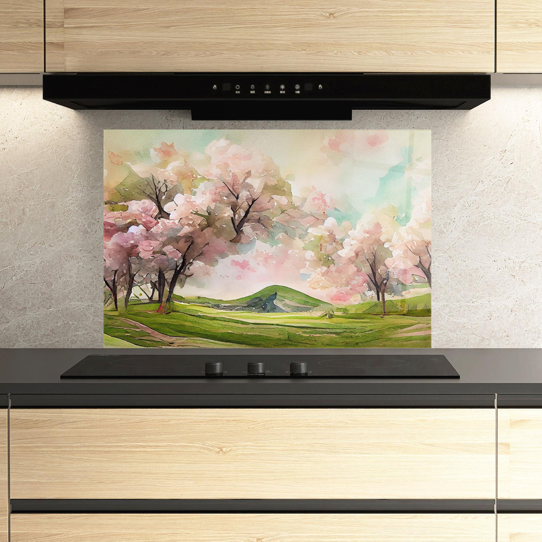 Küchenrückwand Glas Spring Pink Trees mockup 3