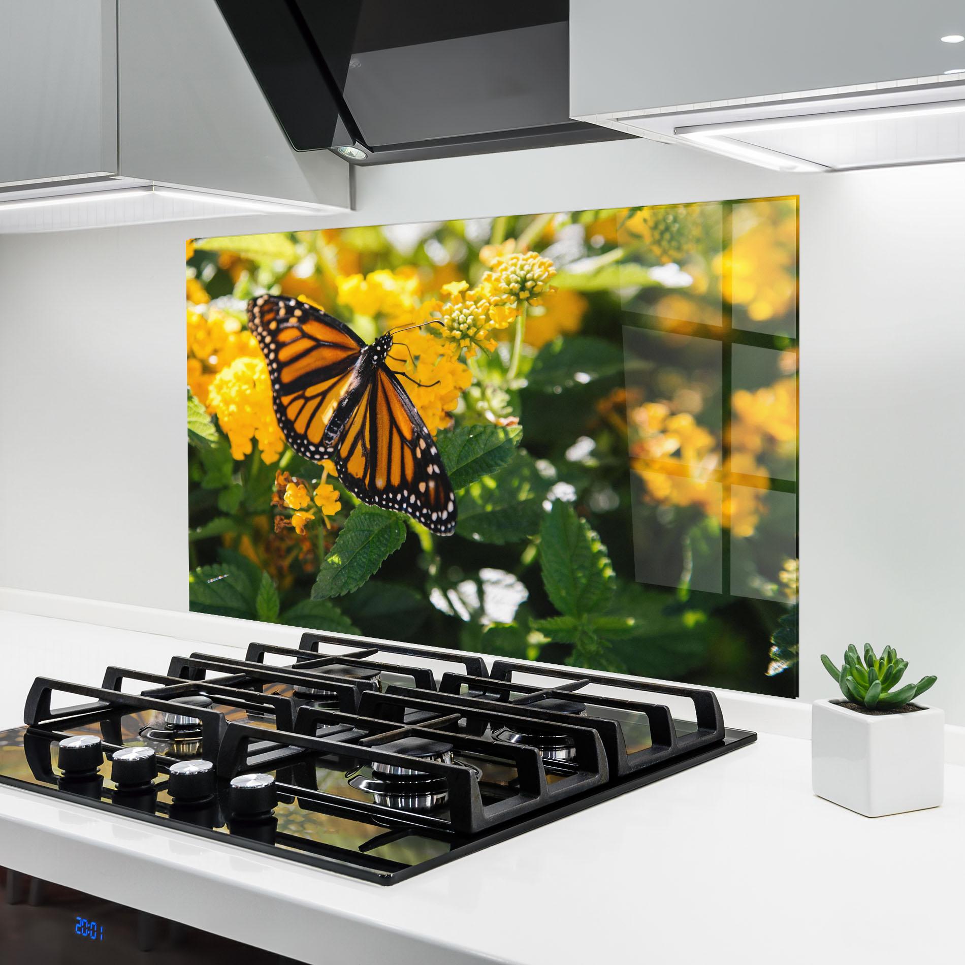 Küchenrückwand Glas Orange Spring Butterfly mockup 6