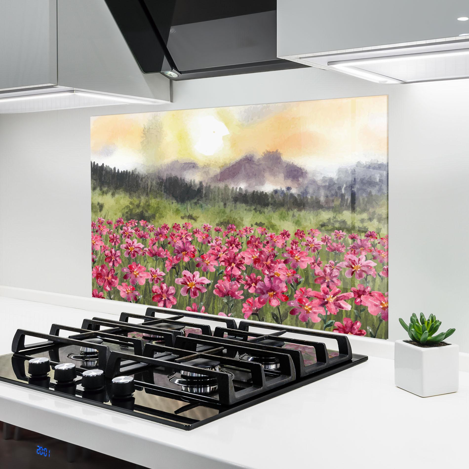 Küchenrückwand Glas Pink Flower Spring mockup 6