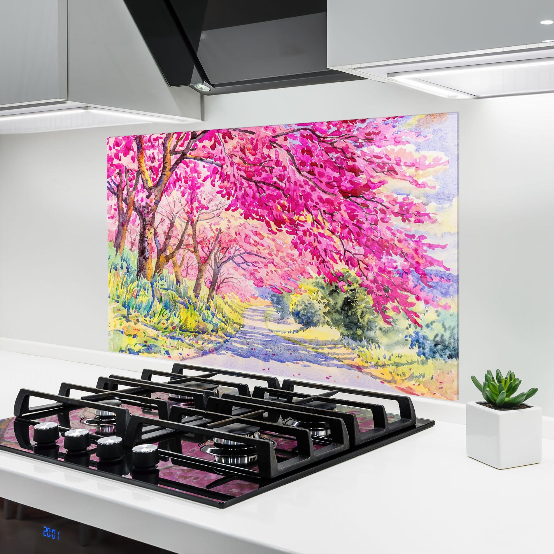 Küchenrückwand Glas Pink Trees Art mockup 6