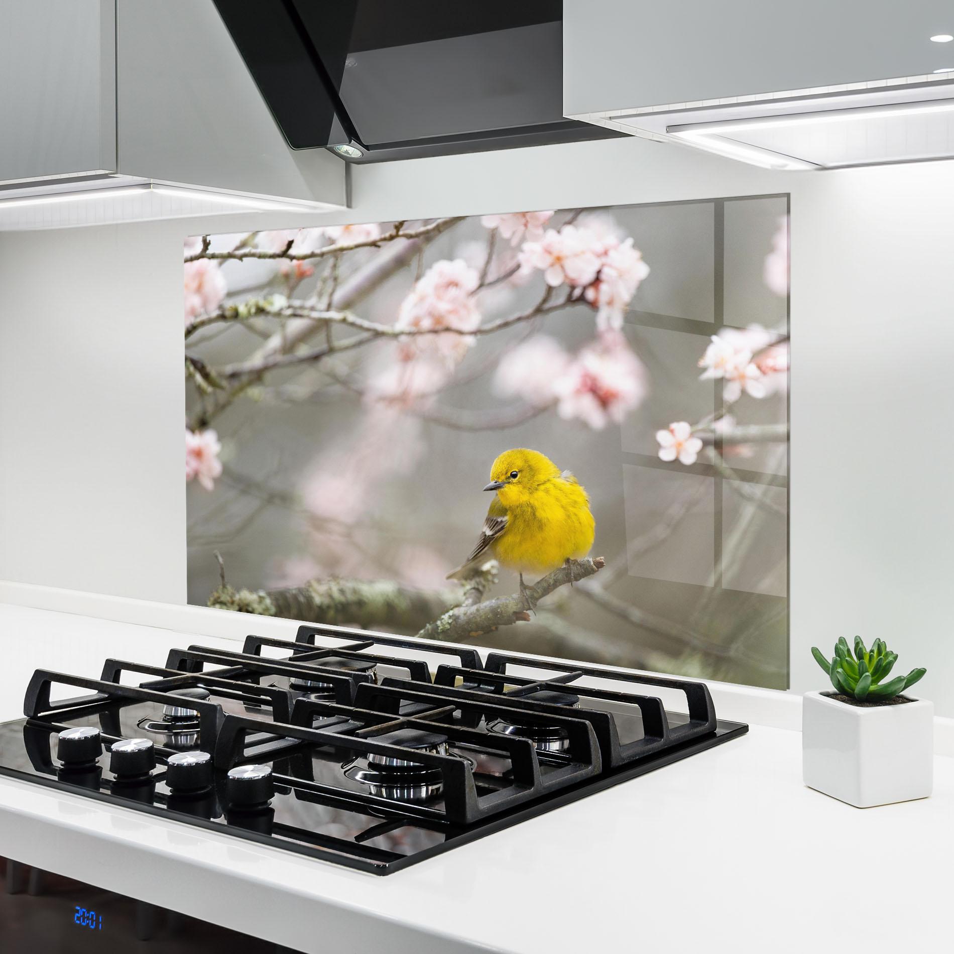 Küchenrückwand Glas Pretty Spring Yellow Bird mockup 6