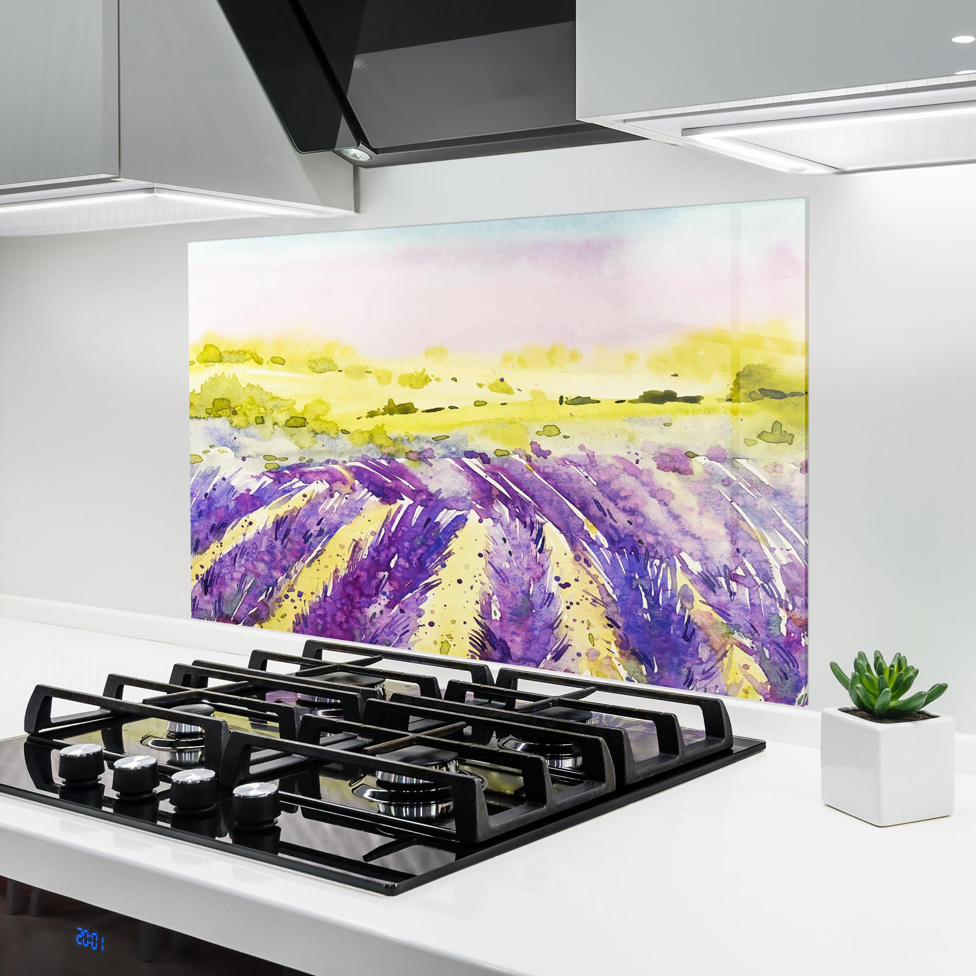Küchenrückwand Glas Purple Spring Field mockup 6