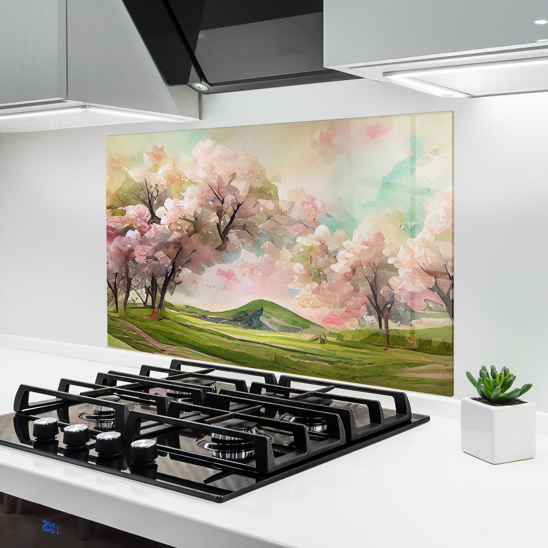 Küchenrückwand Glas Spring Pink Trees mockup 6
