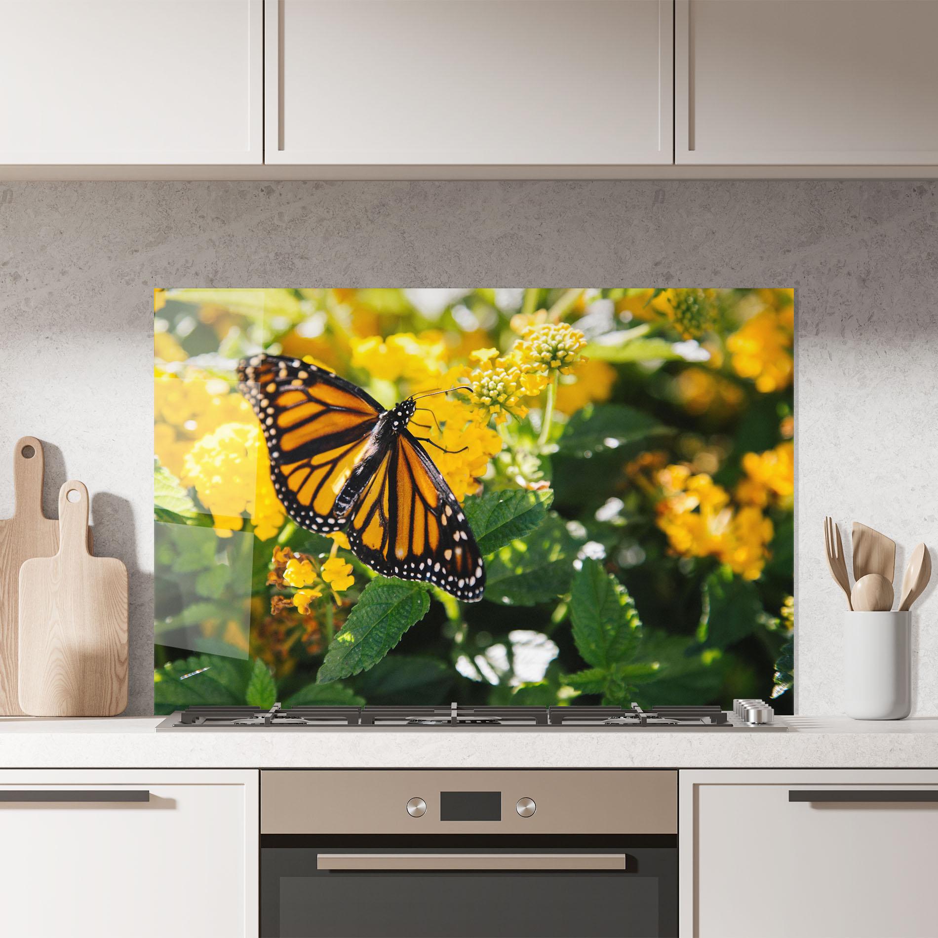 Küchenrückwand Glas Orange Spring Butterfly mockup 7
