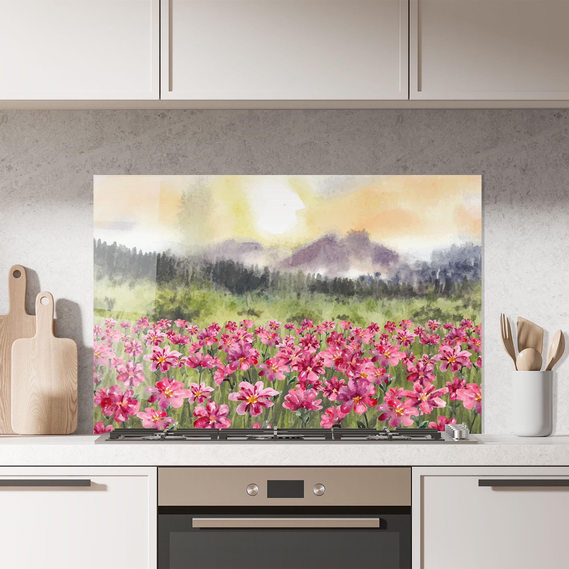 Küchenrückwand Glas Pink Flower Spring mockup 7