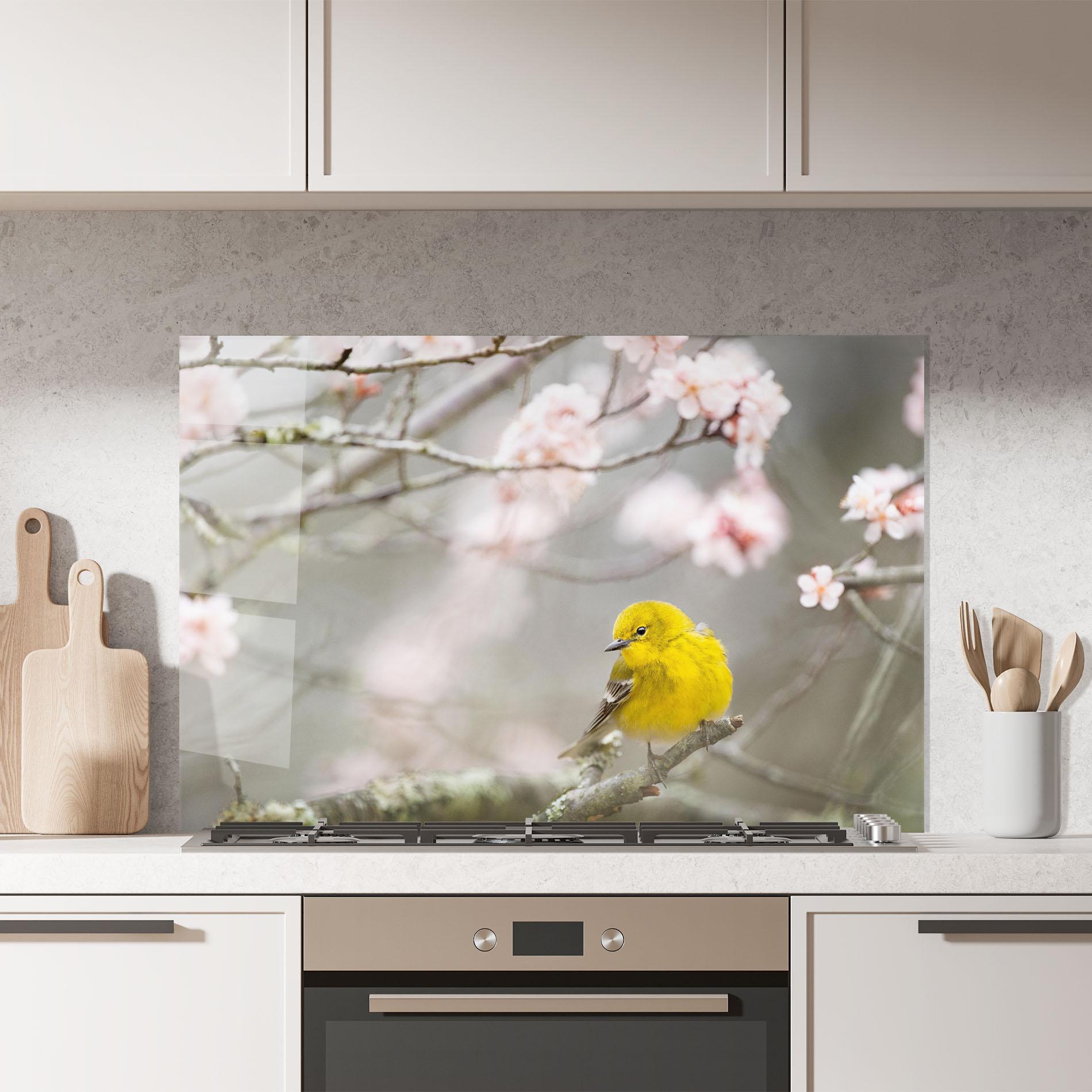 Küchenrückwand Glas Pretty Spring Yellow Bird mockup 7