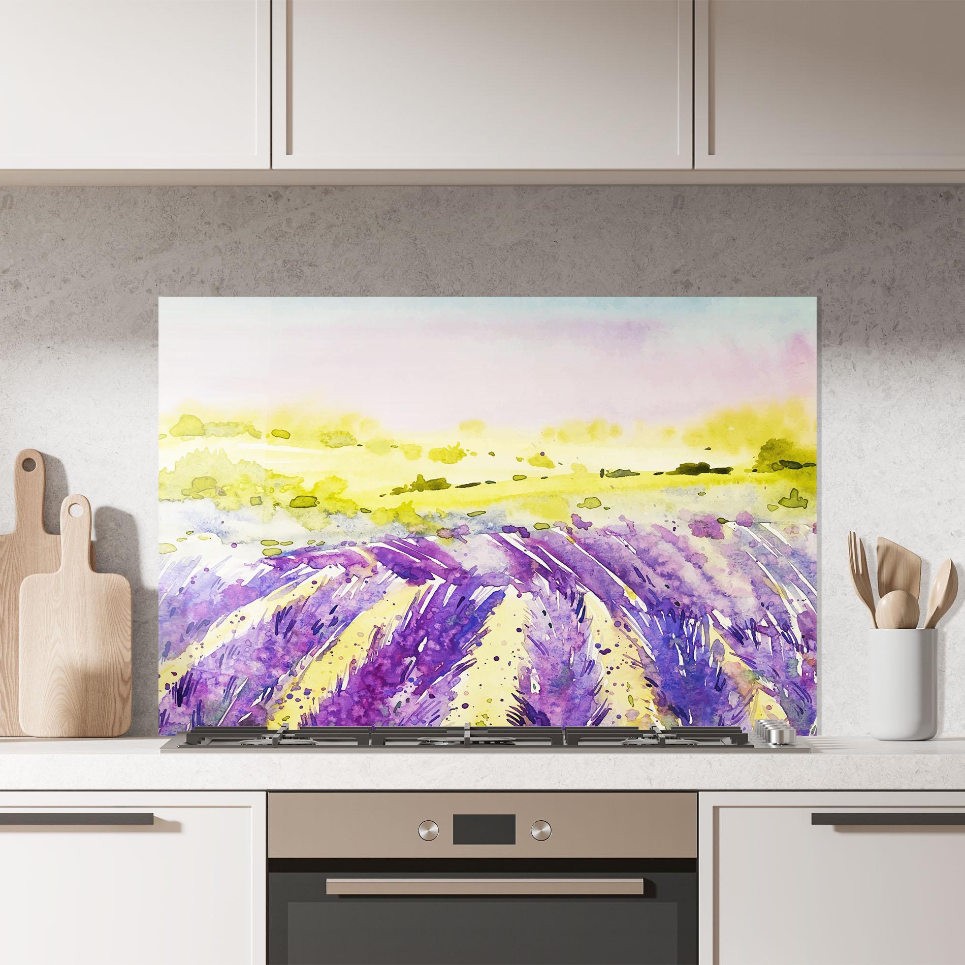 Küchenrückwand Glas Purple Spring Field mockup 7