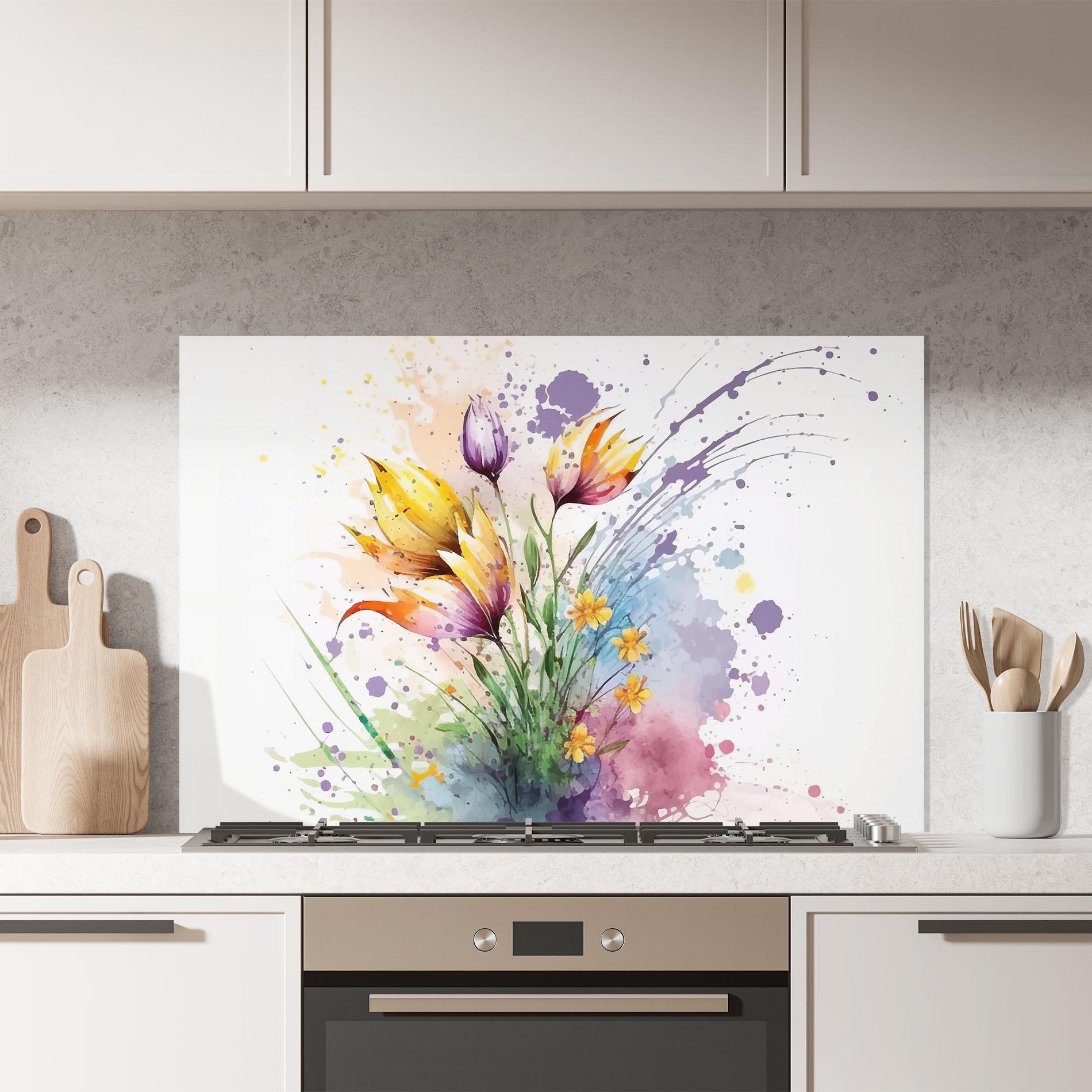 Küchenrückwand Glas Purple Yellow Spring mockup 7