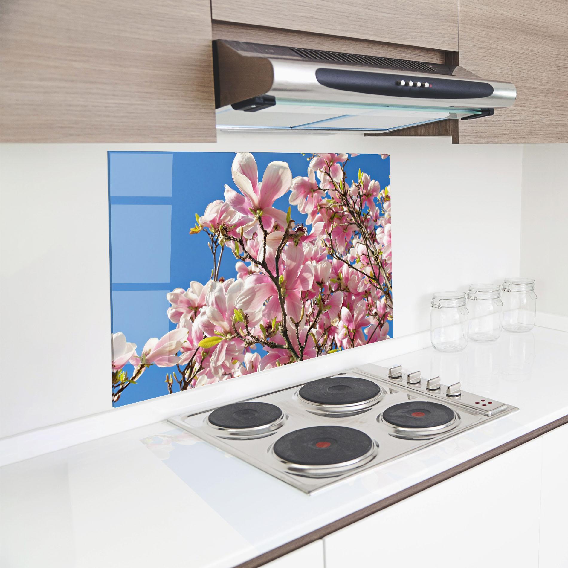 Küchenrückwand Glas Beautiful Pink Chinese Tree mockup 8