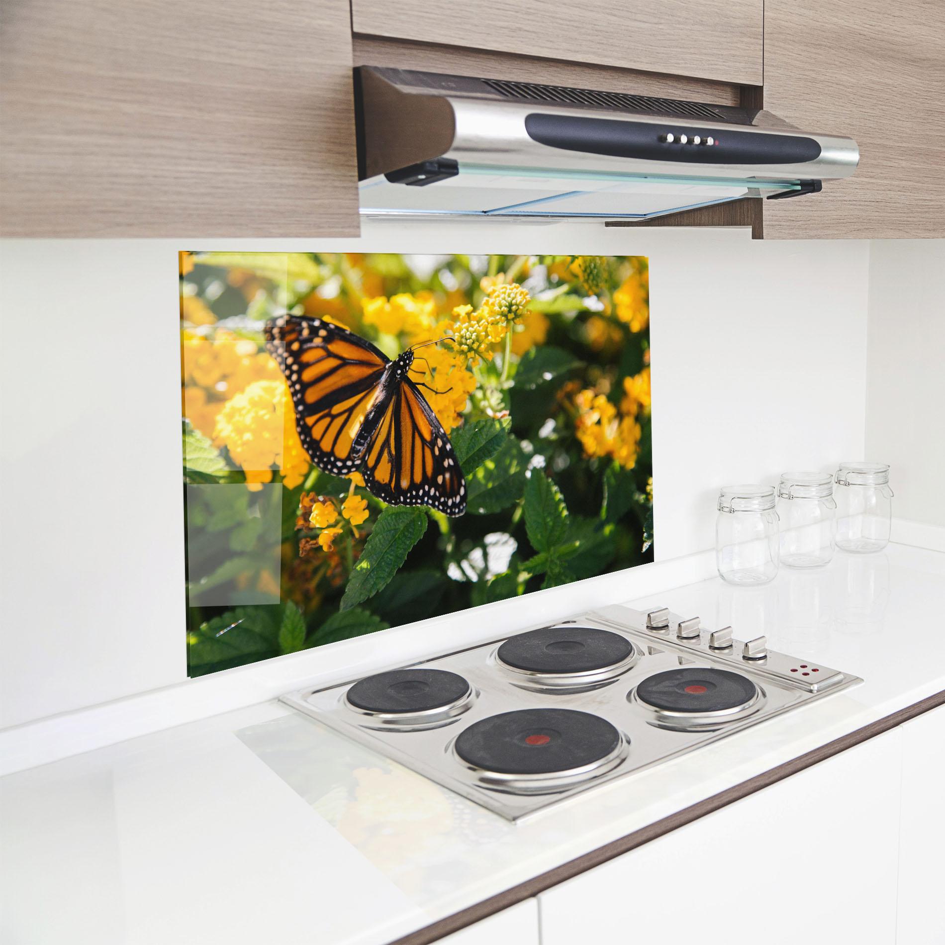 Küchenrückwand Glas Orange Spring Butterfly mockup 8