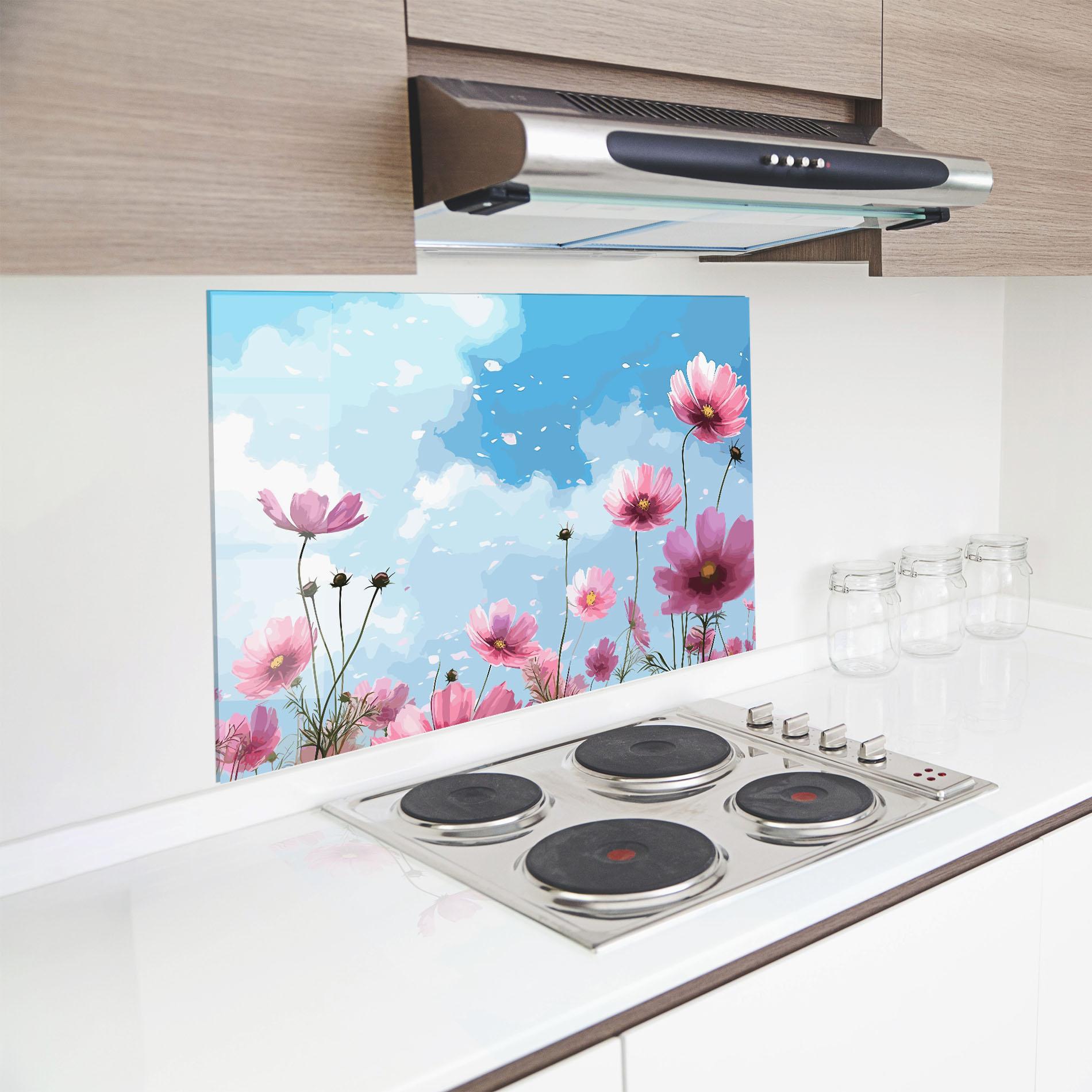 Küchenrückwand Glas Pink Flowers Spring mockup 8