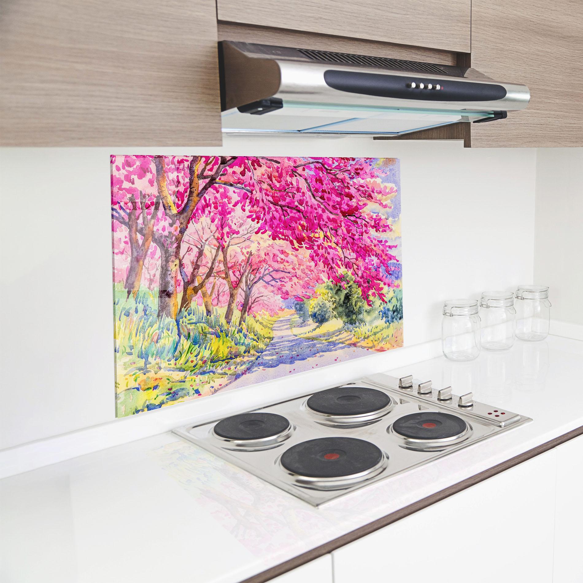 Küchenrückwand Glas Pink Trees Art mockup 8