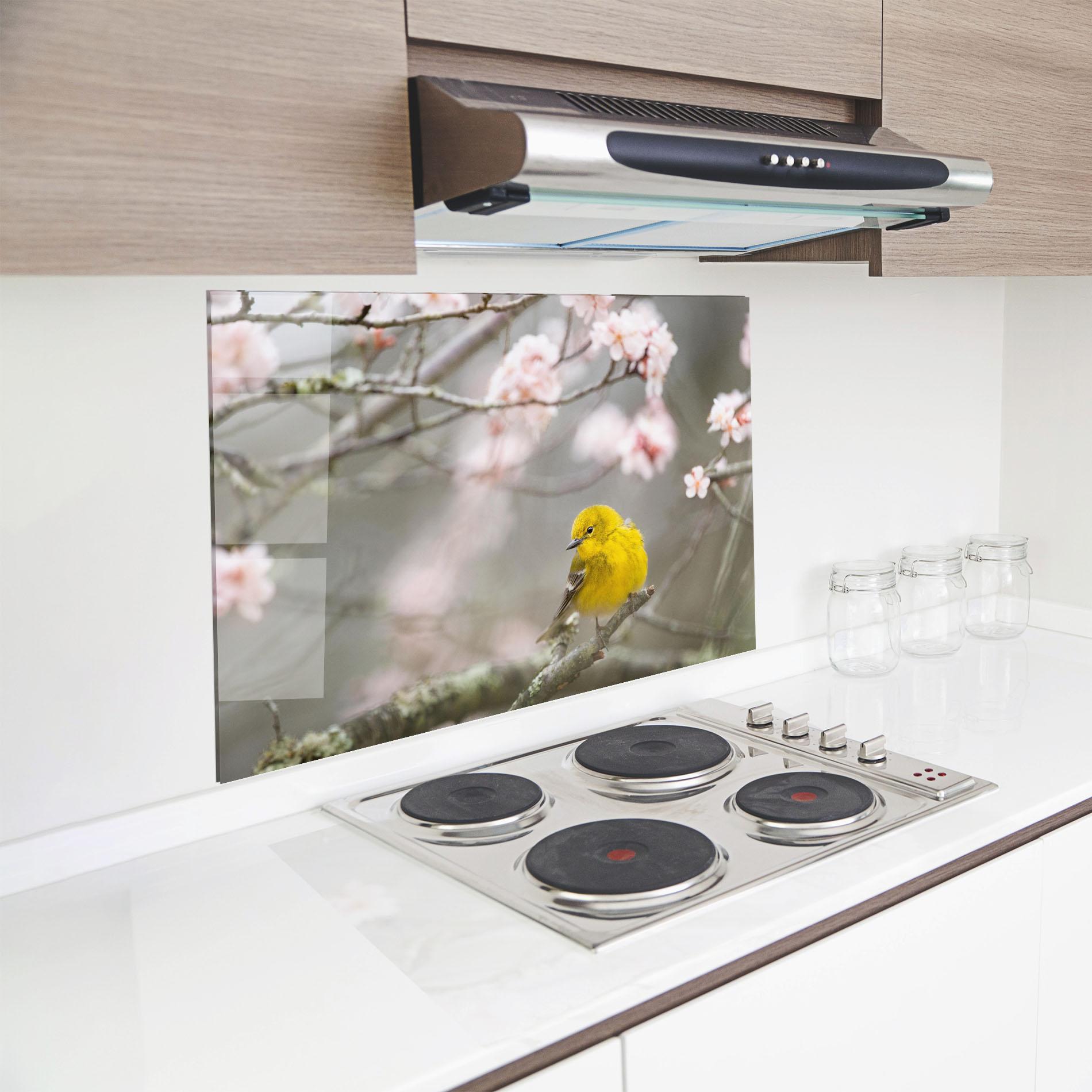Küchenrückwand Glas Pretty Spring Yellow Bird mockup 8