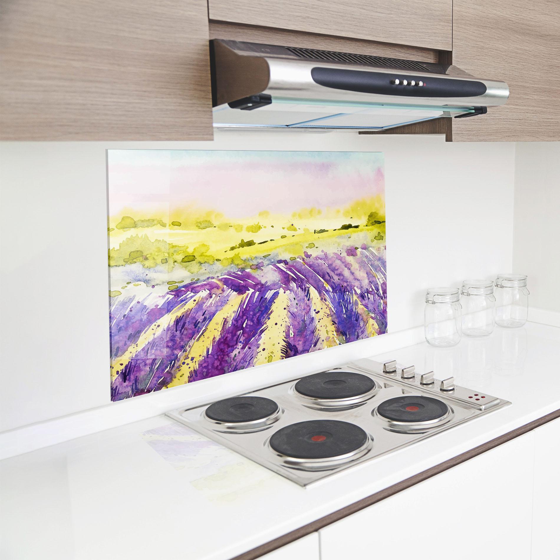 Küchenrückwand Glas Purple Spring Field mockup 8