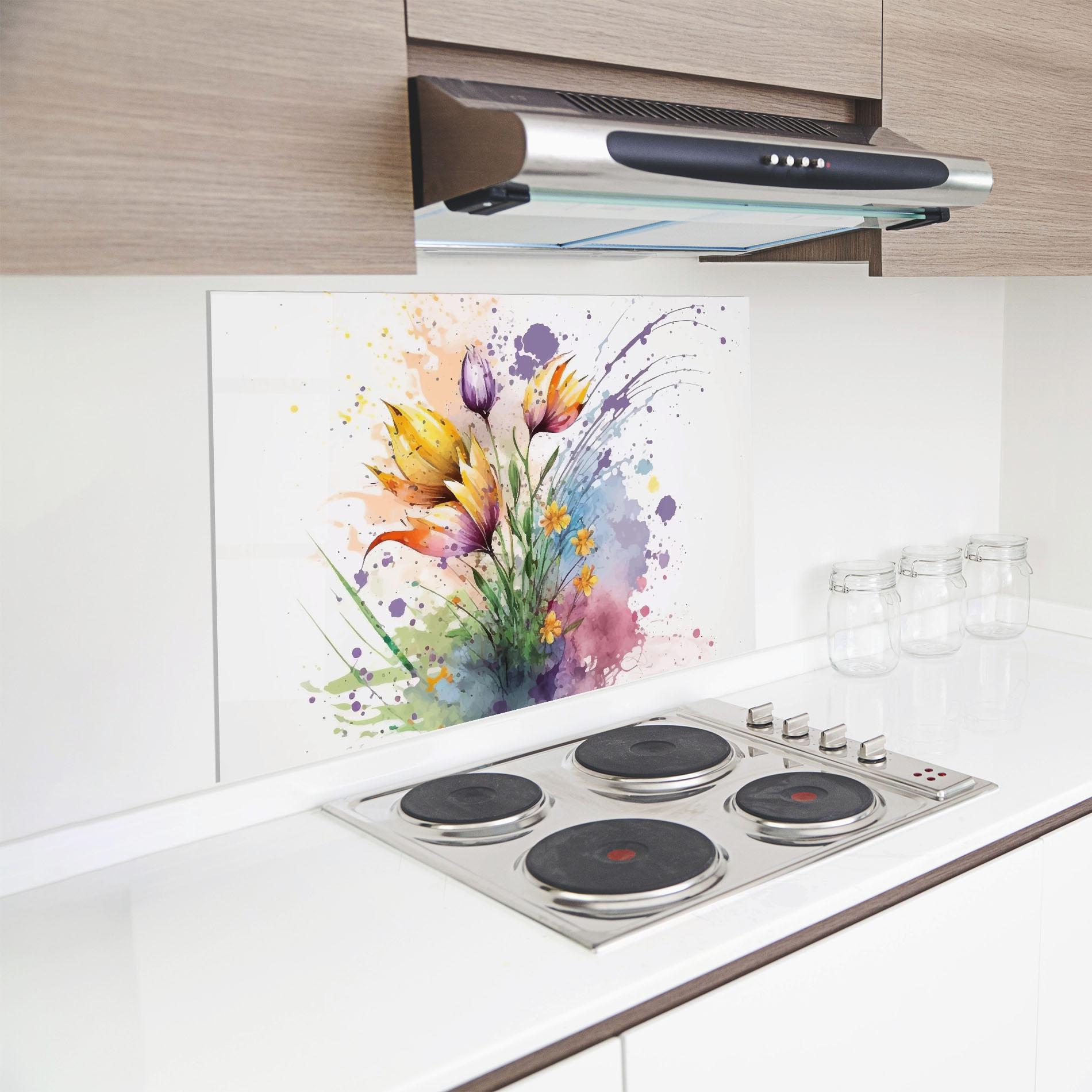 Küchenrückwand Glas Purple Yellow Spring mockup 8
