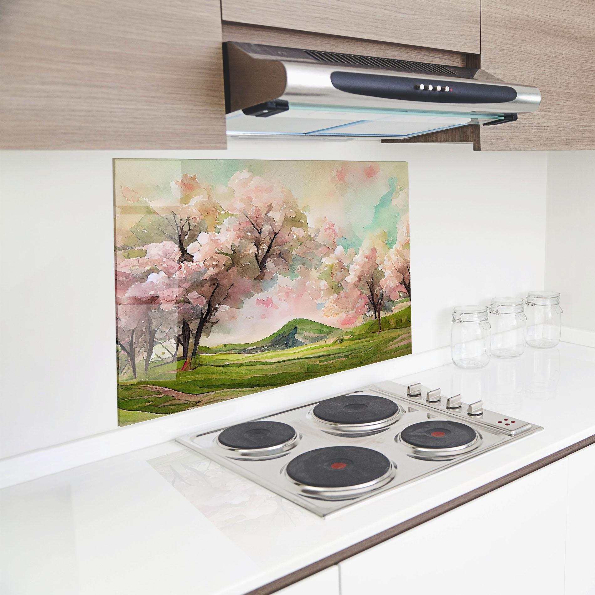 Küchenrückwand Glas Spring Pink Trees mockup 8