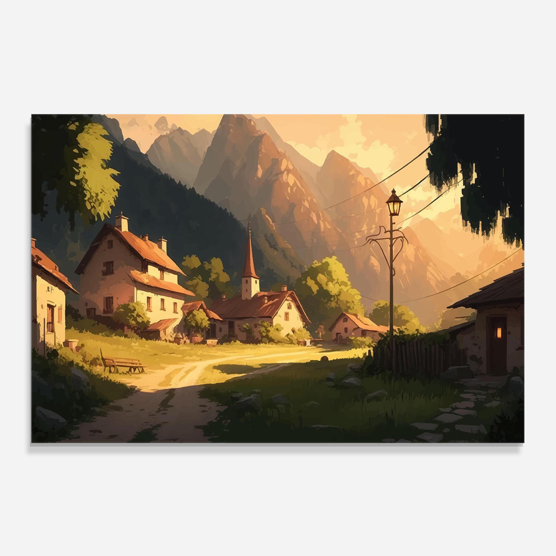 Küchenrückwand Glas Grassy Village View mockup 0