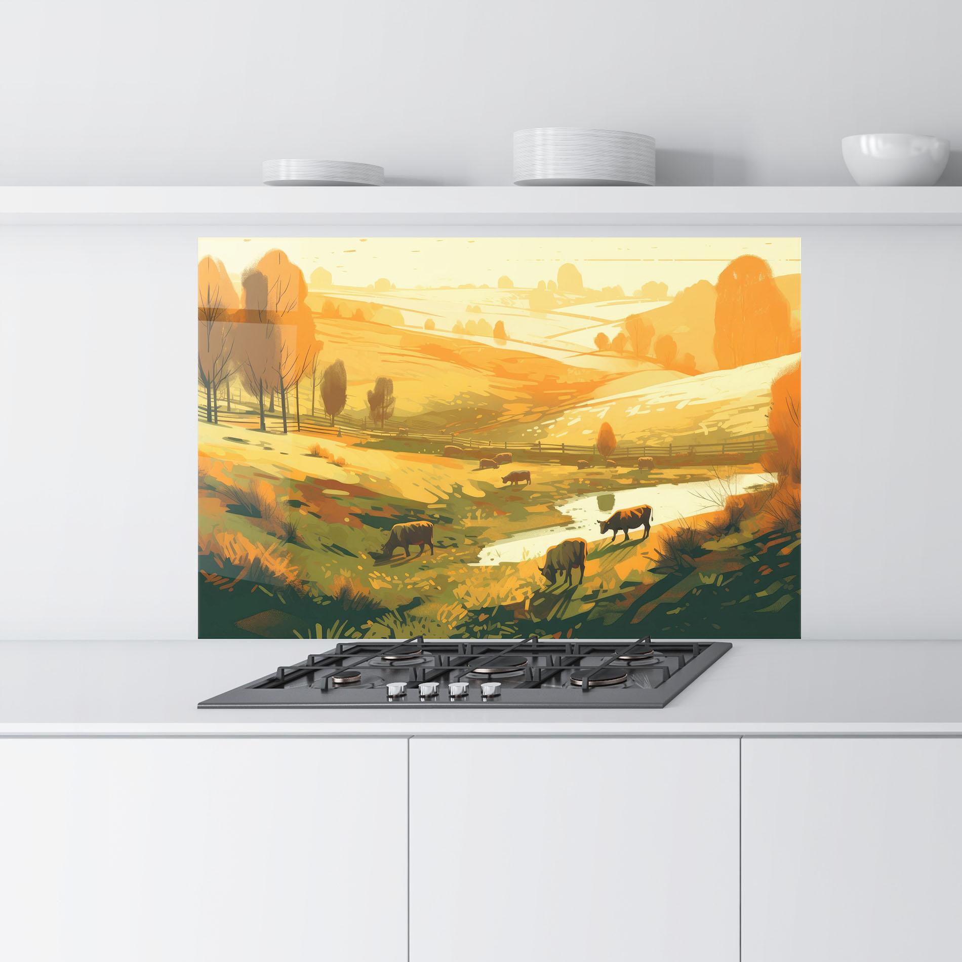 Küchenrückwand Glas Cows Sunlight Art mockup 9