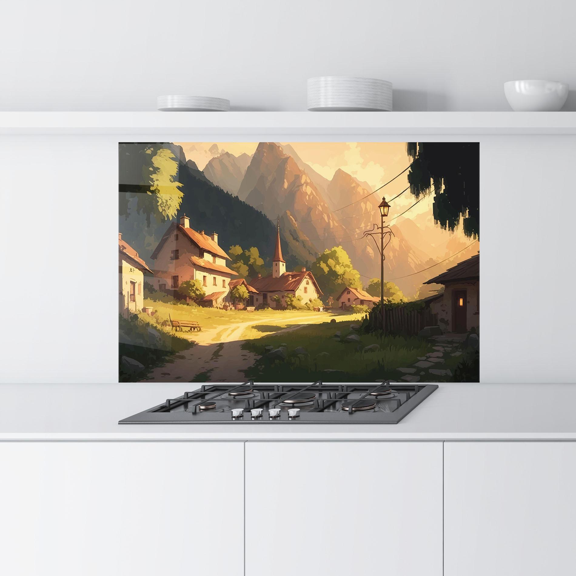 Küchenrückwand Glas Grassy Village View mockup 9