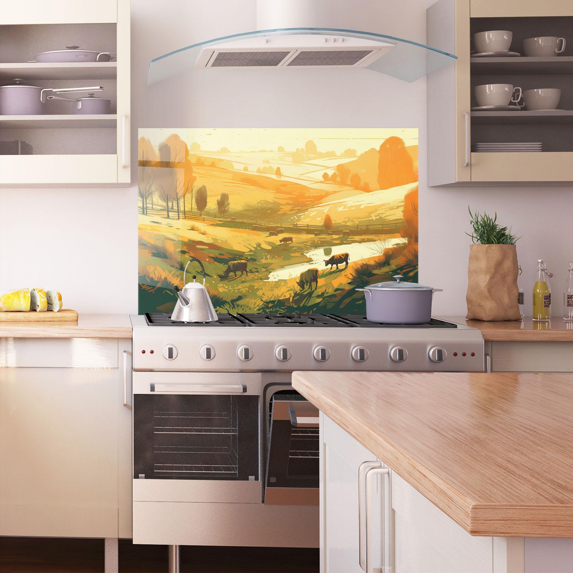 Küchenrückwand Glas Cows Sunlight Art mockup 1
