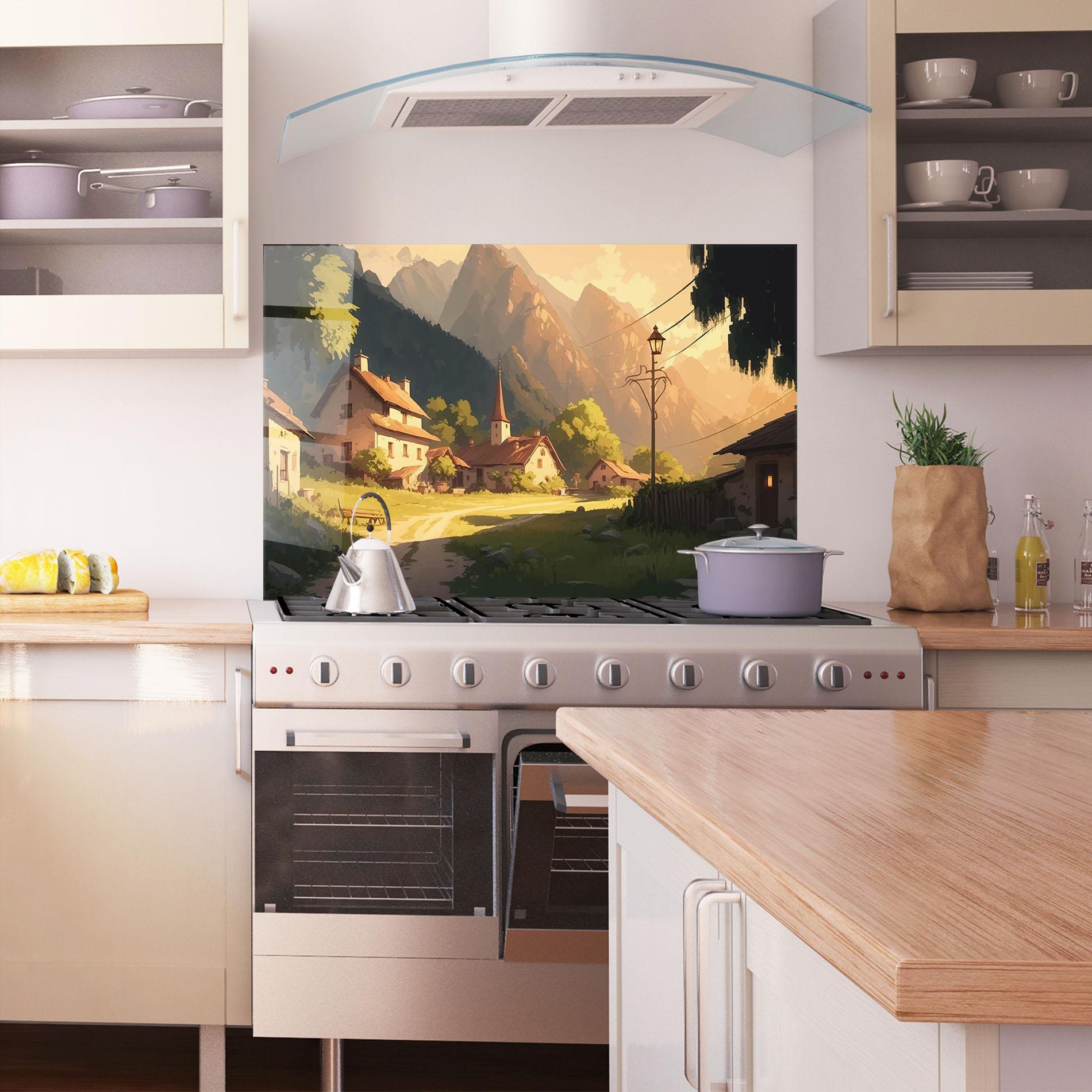 Küchenrückwand Glas Grassy Village View mockup 1