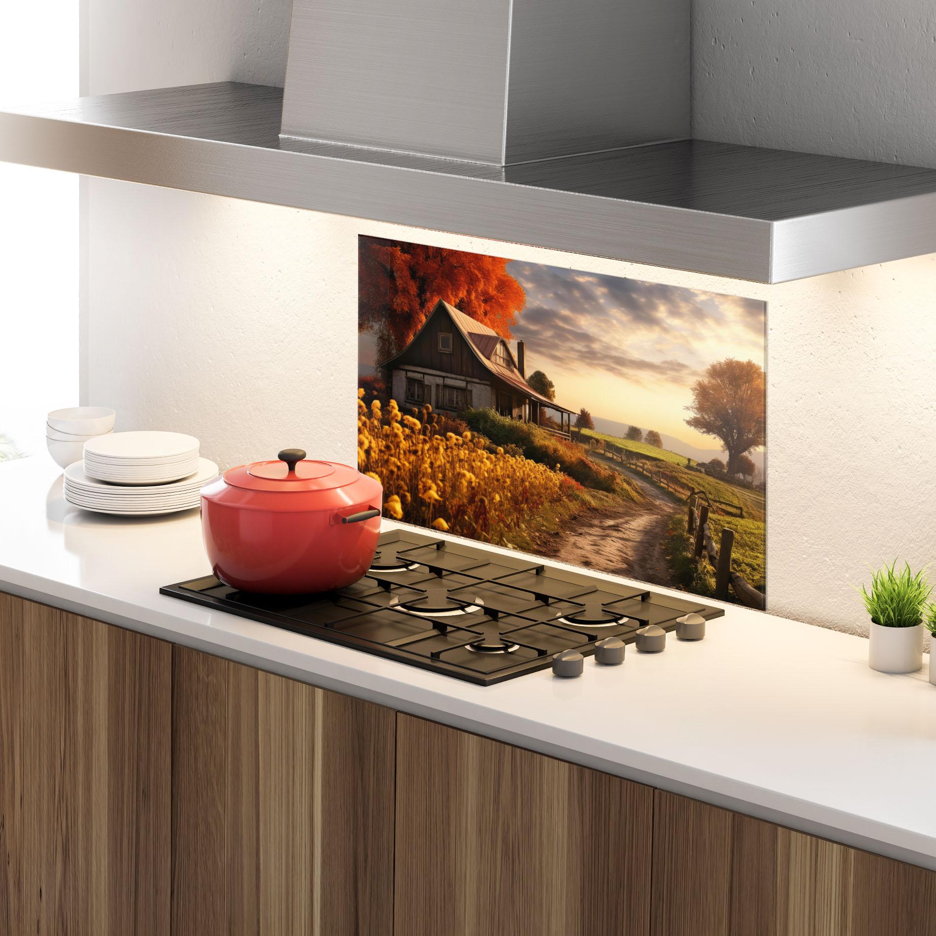 Küchenrückwand Glas Autumn Farm House mockup 4