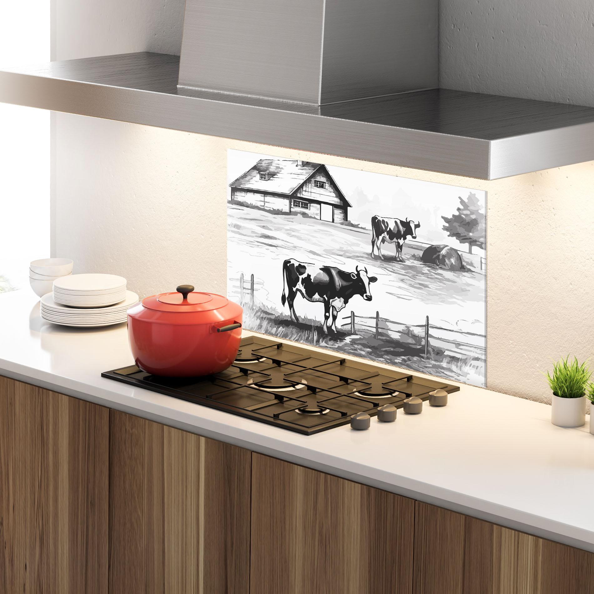 Küchenrückwand Glas Cows Farm Ink mockup 4