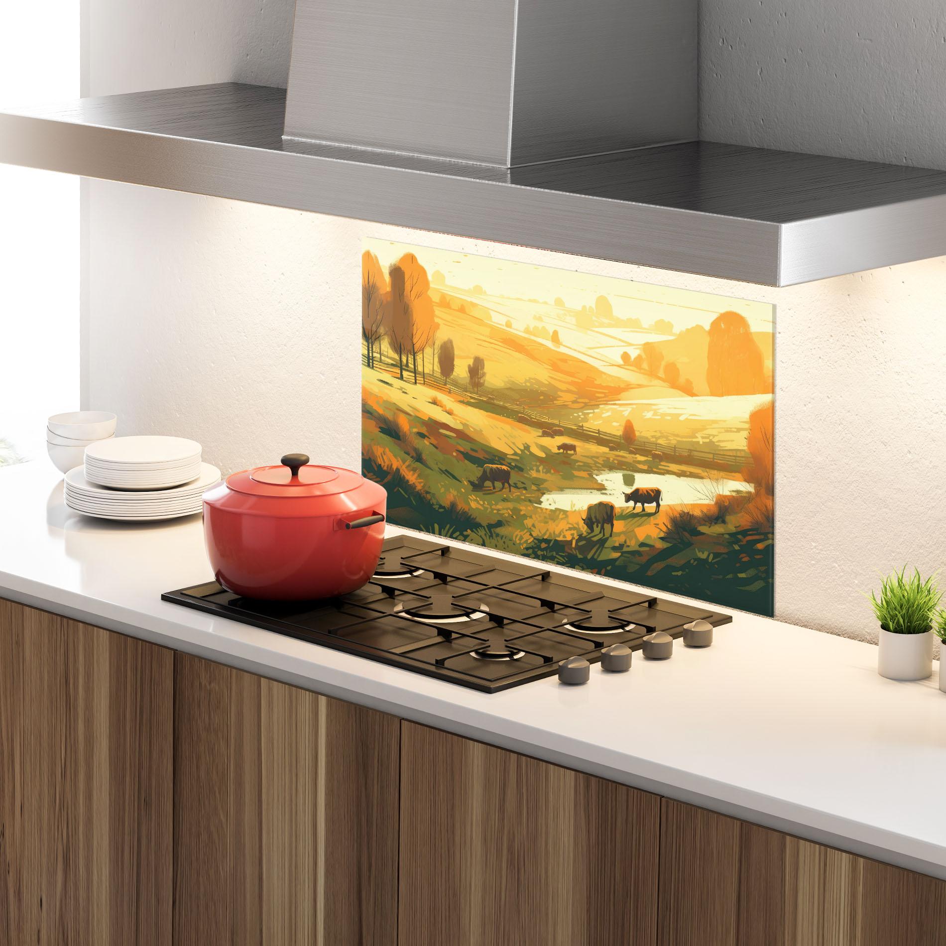 Küchenrückwand Glas Cows Sunlight Art mockup 4