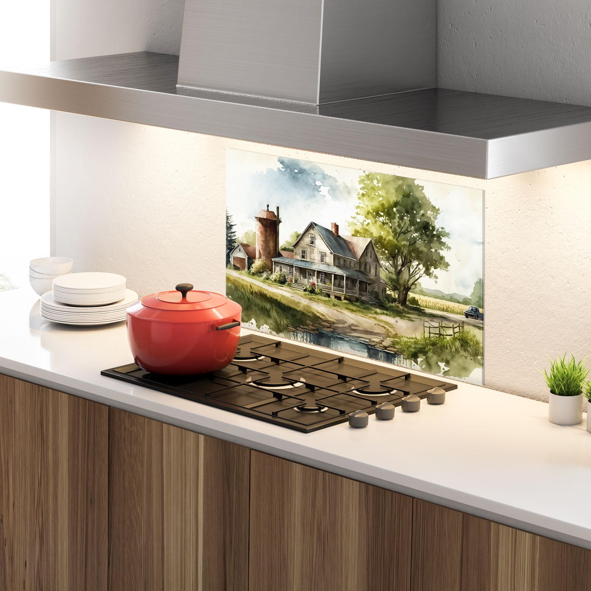 Küchenrückwand Glas Farm Blue Car mockup 4