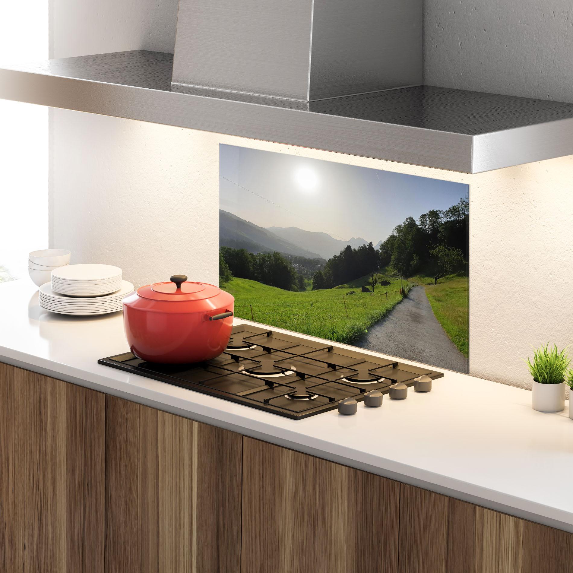 Küchenrückwand Glas Foggy Rural Road mockup 4