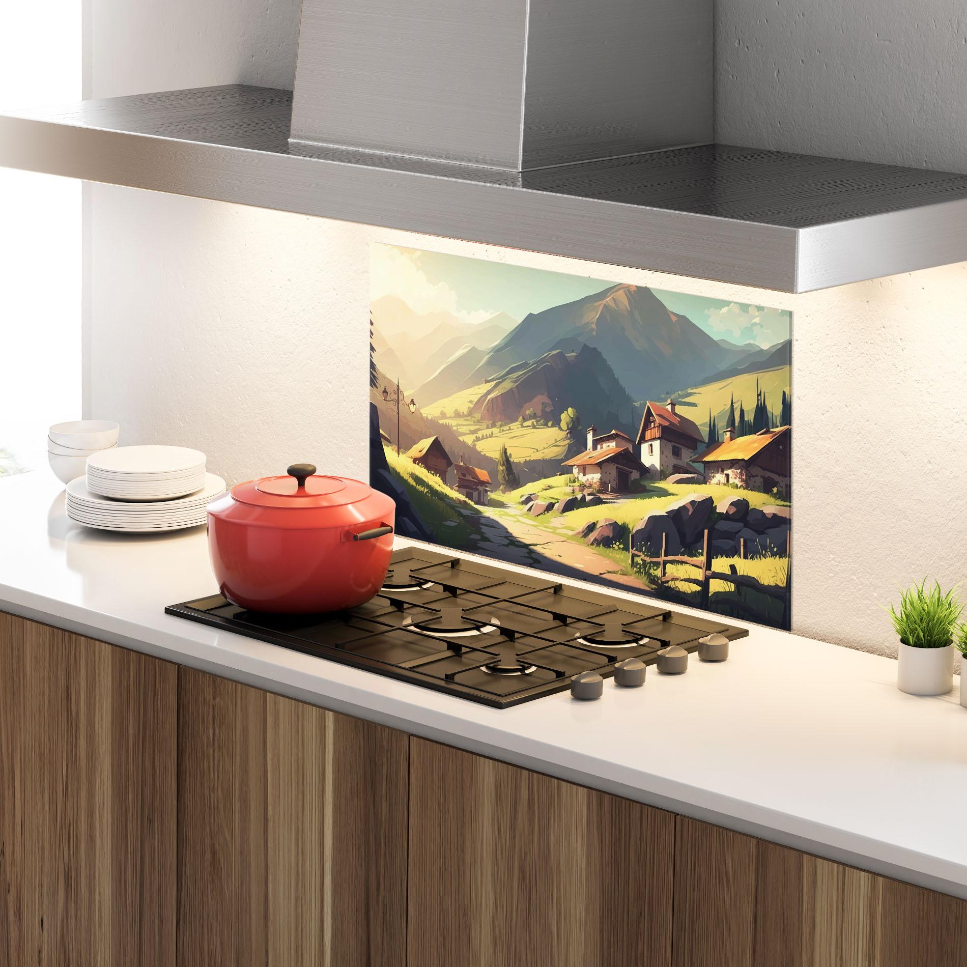 Küchenrückwand Glas Grassy Mountain View mockup 4