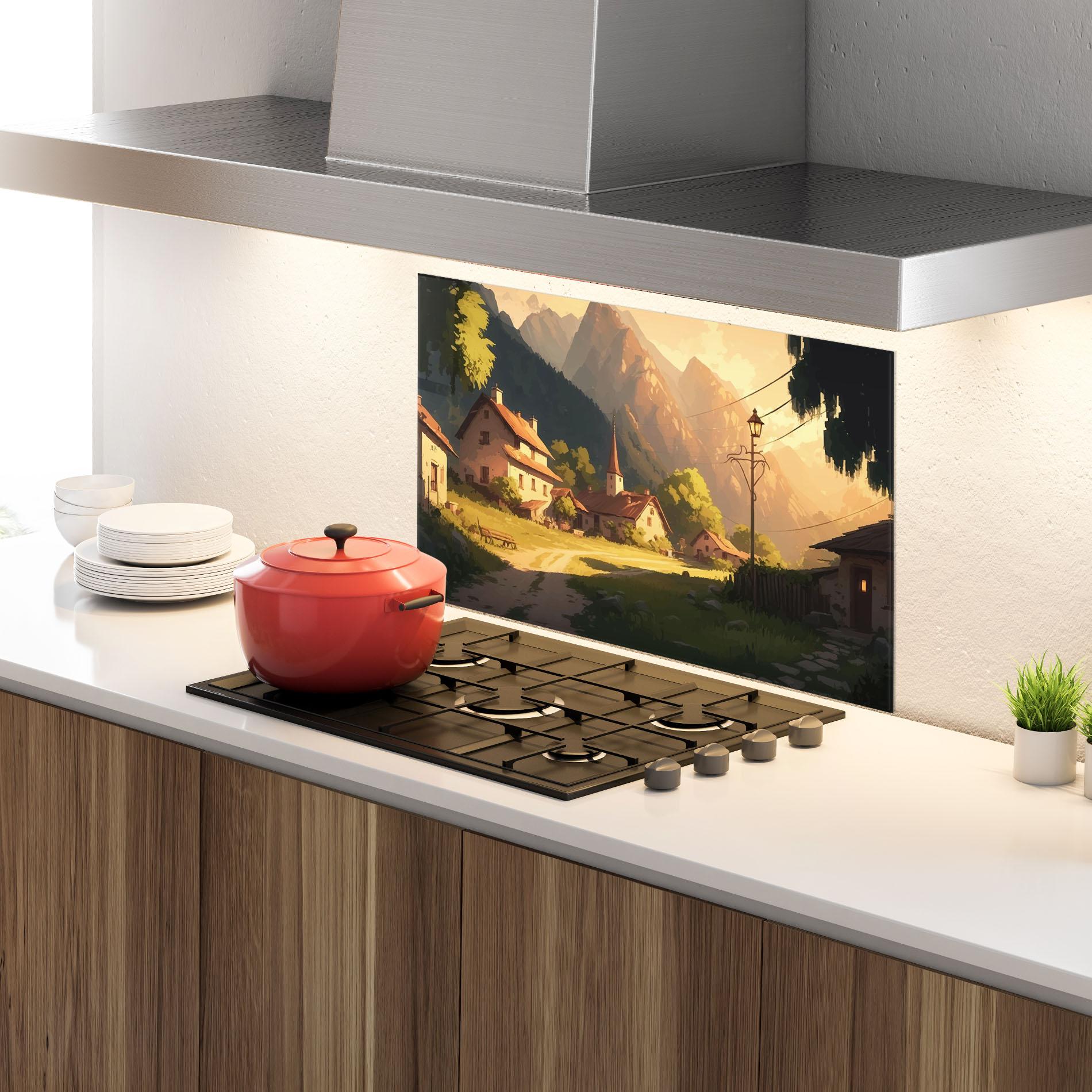 Küchenrückwand Glas Grassy Village View mockup 4