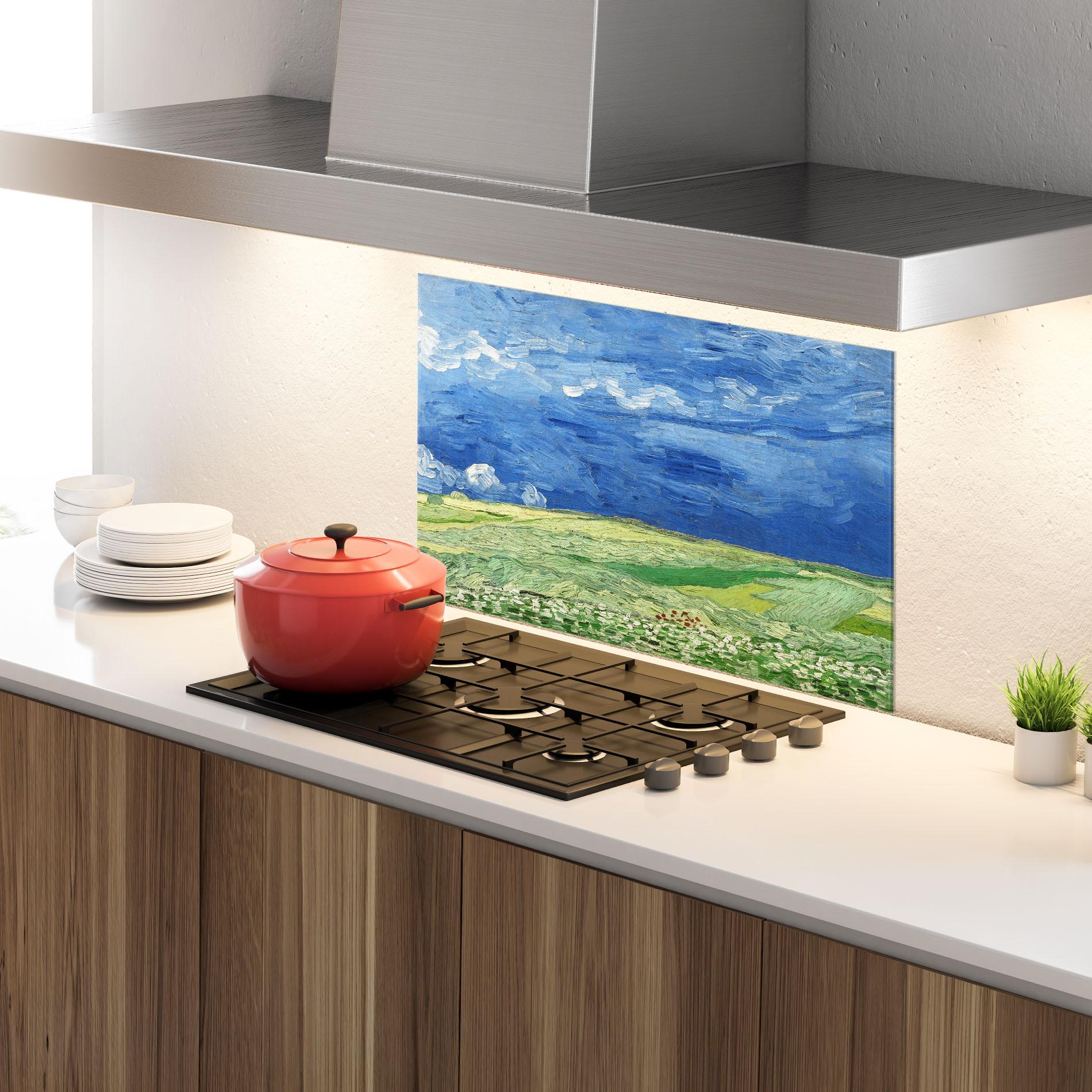 Küchenrückwand Glas Green Blue Field mockup 4