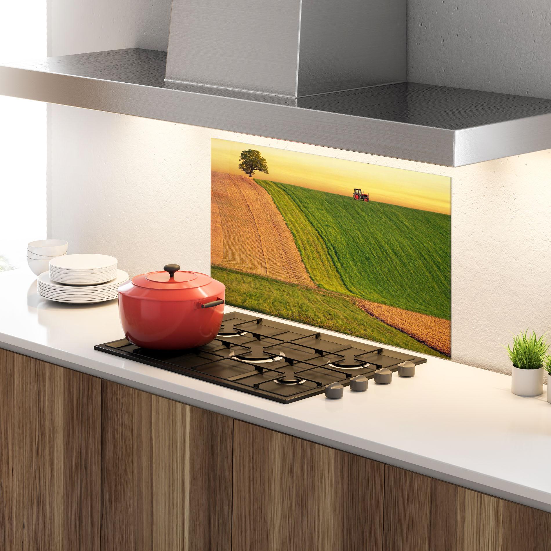 Küchenrückwand Glas Green Cream Field mockup 4