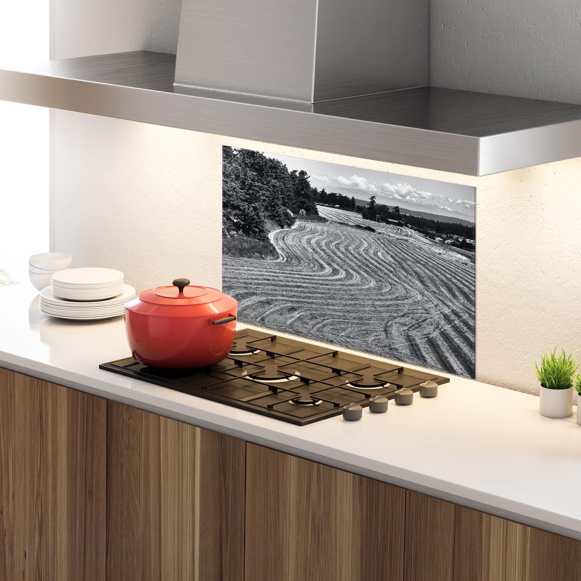 Küchenrückwand Glas Grey Land mockup 4