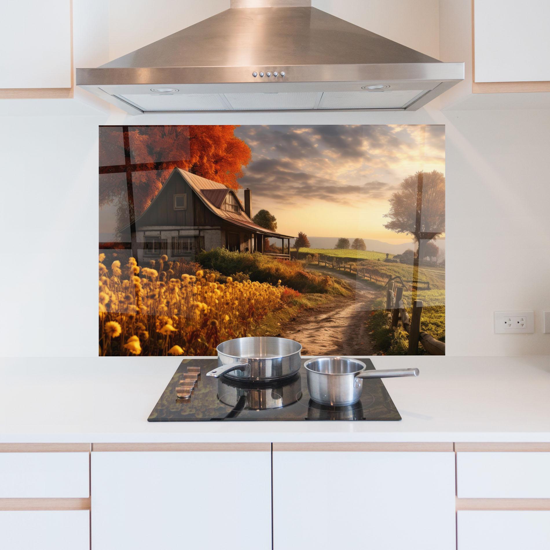Küchenrückwand Glas Autumn Farm House mockup 5