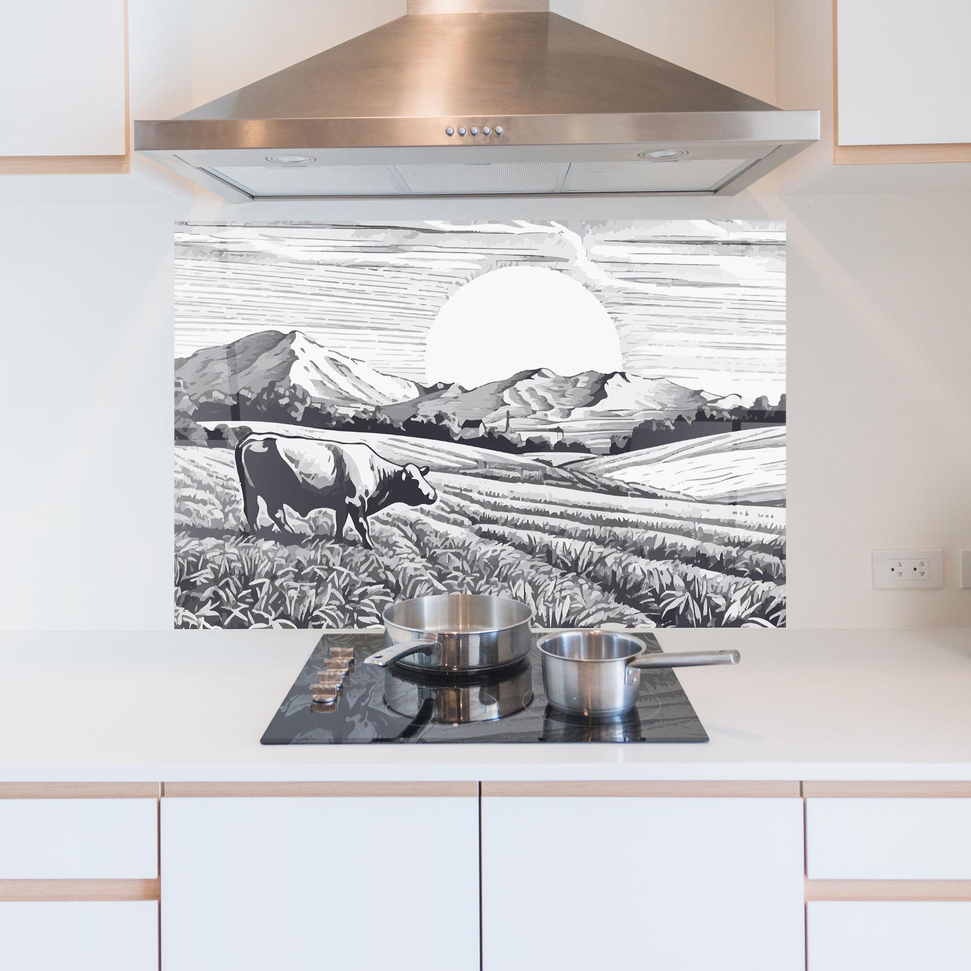 Küchenrückwand Glas Cow Grey Ink mockup 5
