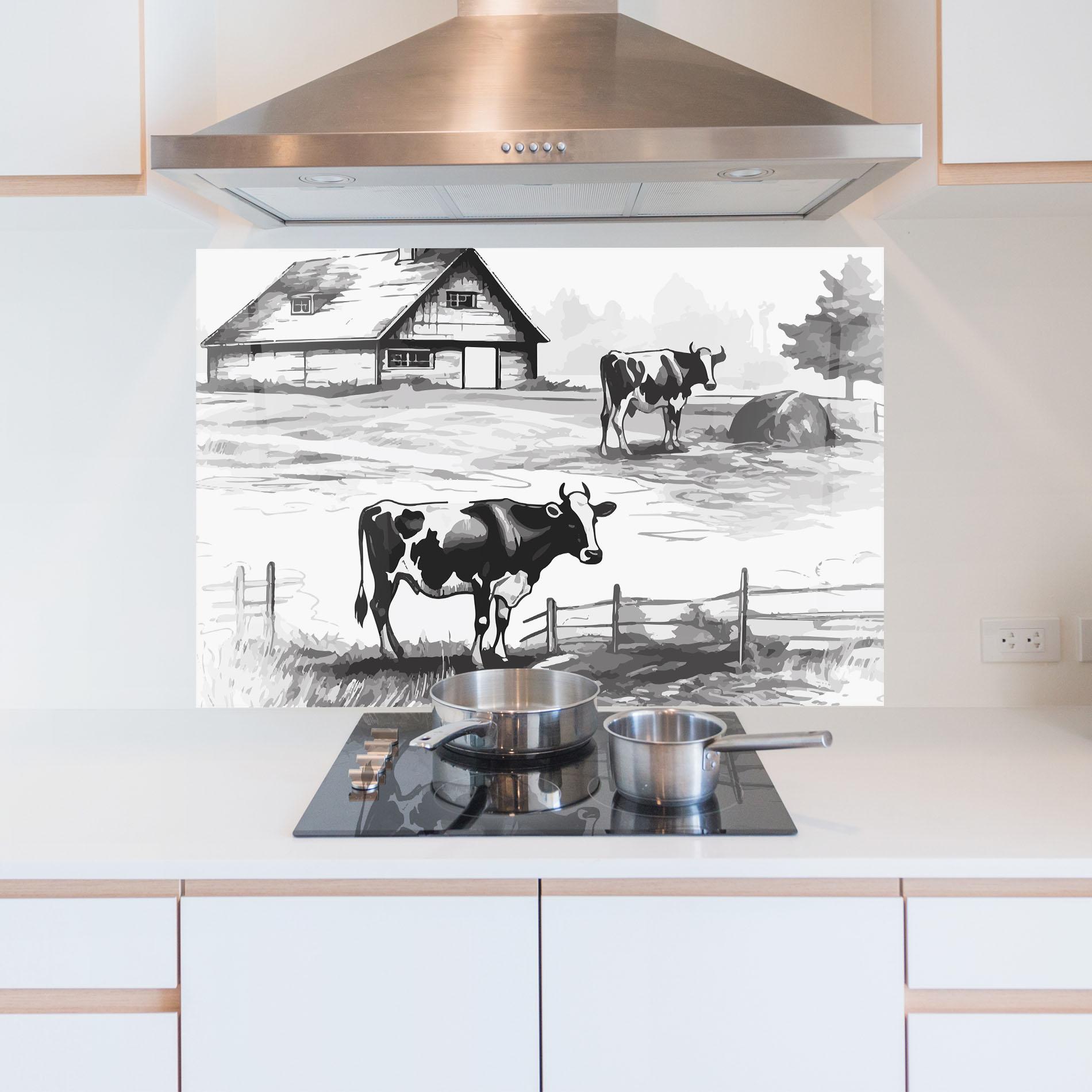 Küchenrückwand Glas Cows Farm Ink mockup 5