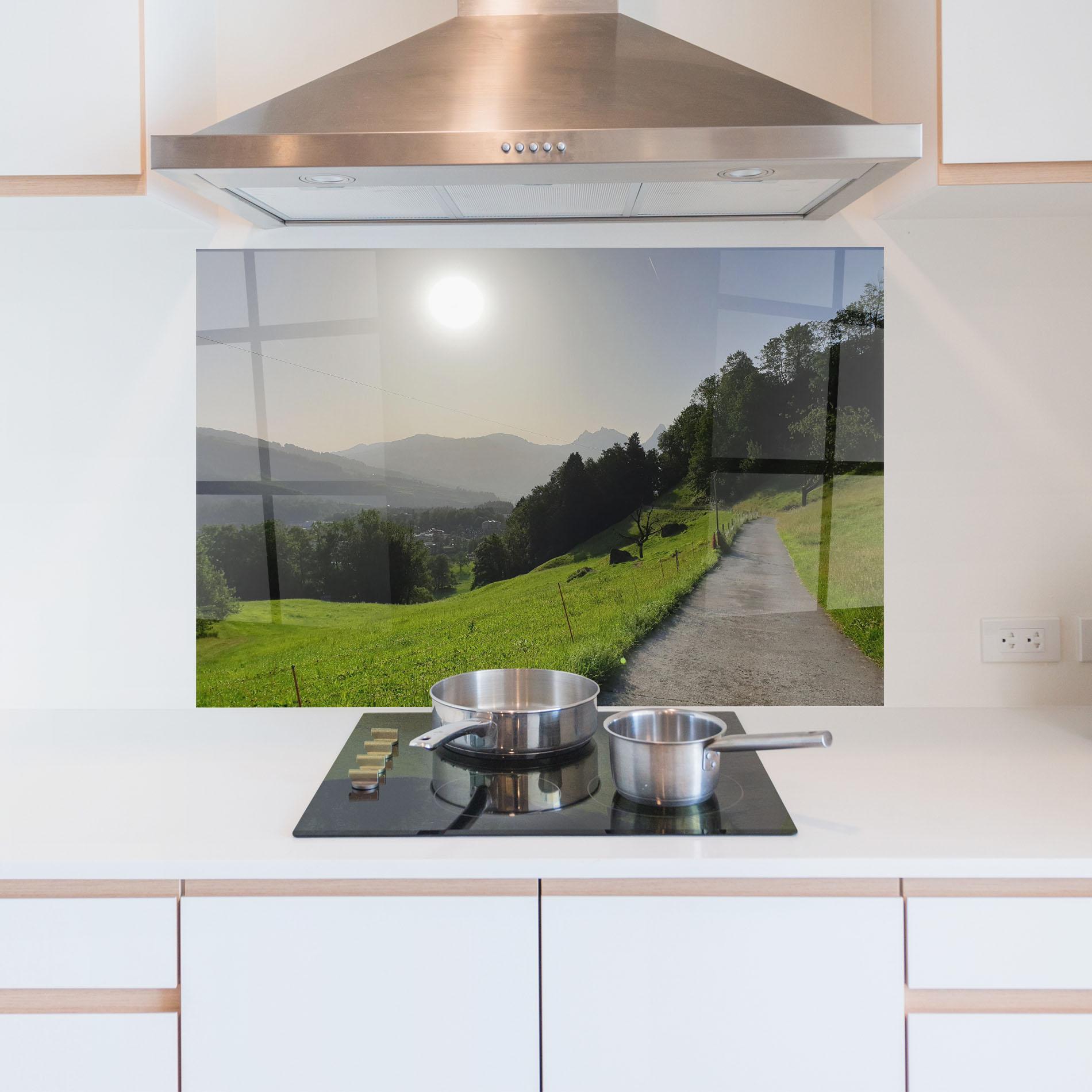 Küchenrückwand Glas Foggy Rural Road mockup 5