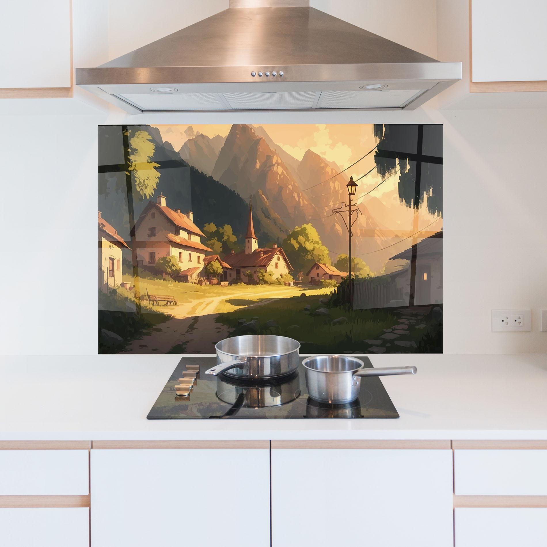 Küchenrückwand Glas Grassy Village View mockup 5