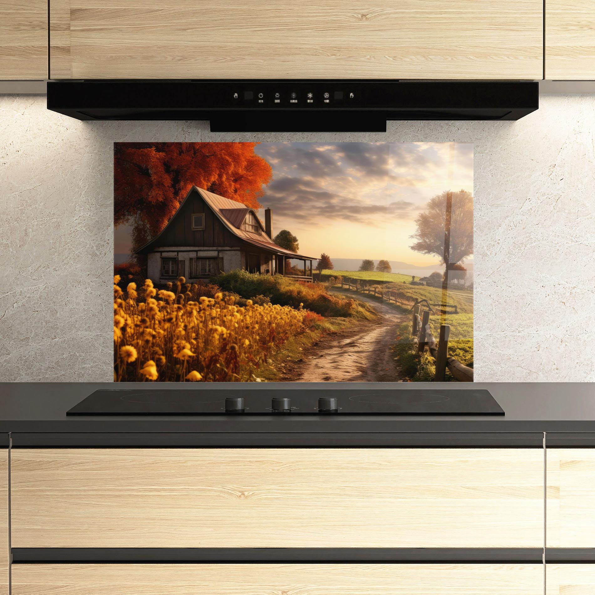 Küchenrückwand Glas Autumn Farm House mockup 3