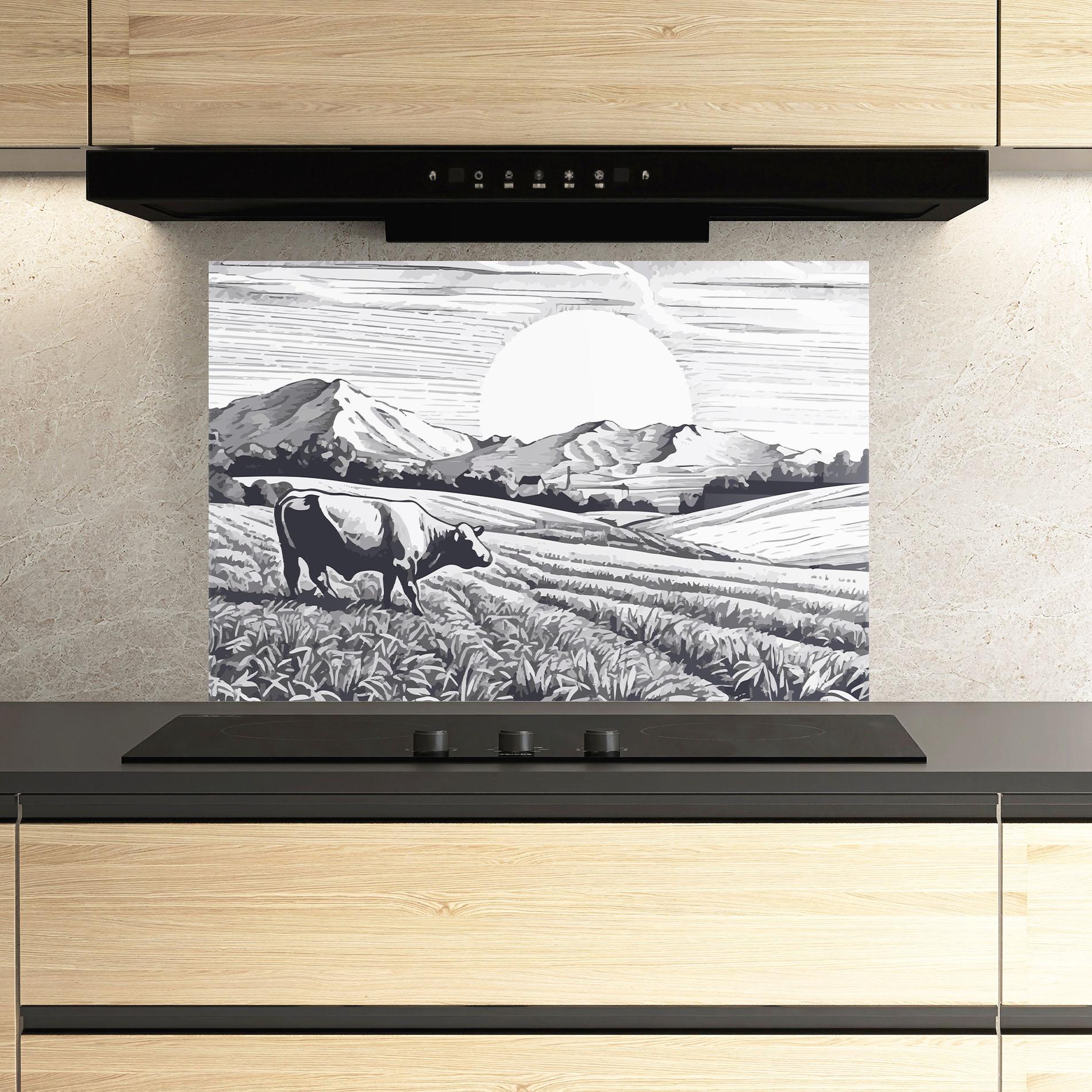 Küchenrückwand Glas Cow Grey Ink mockup 3
